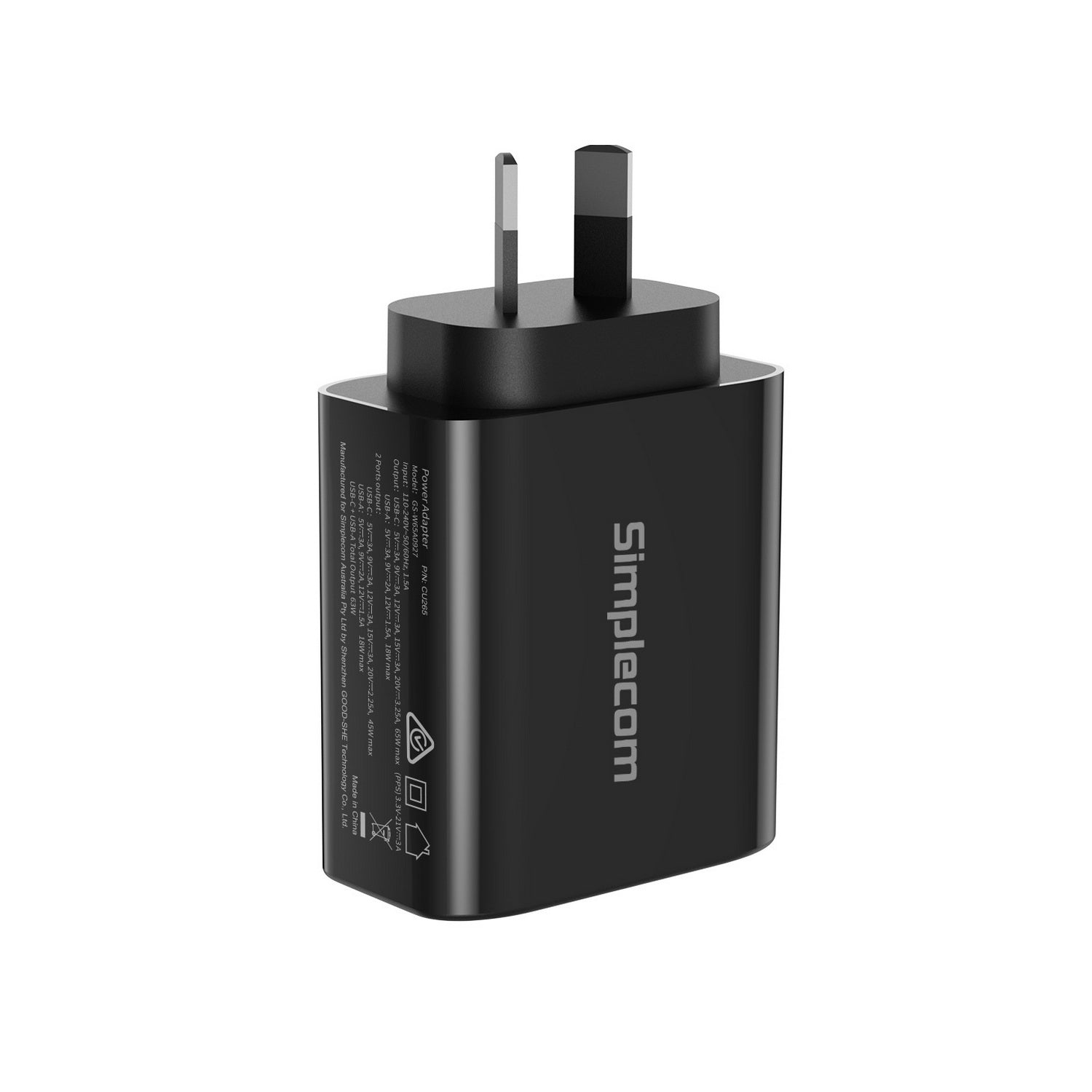 Simplecom CU265 Dual Port PD 65W GaN Fast Wall Charger USB-C + USB-A for Phone Laptop V28-CU265