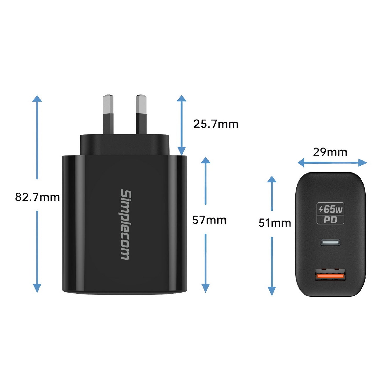 Simplecom CU265 Dual Port PD 65W GaN Fast Wall Charger USB-C + USB-A for Phone Laptop V28-CU265