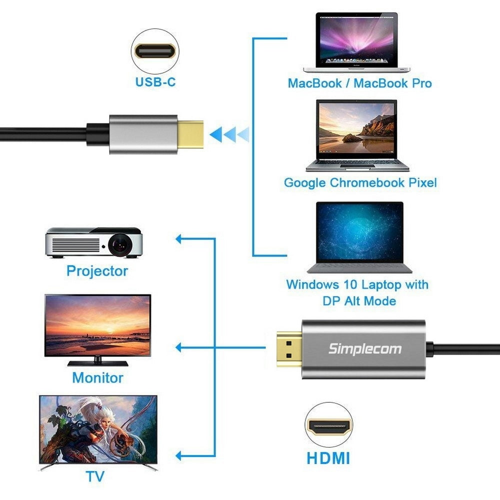 Simplecom DA321 USB-C Type C to HDMI Cable 1.8M (6ft) 4K@30Hz V28-DA321