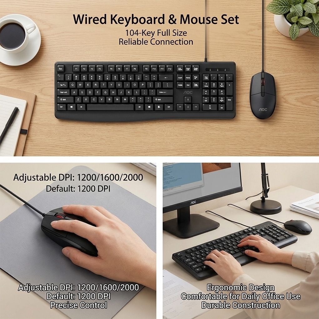 AOC KM170B/97 Wired Home & Office Keyboard + Mouse Combo 1.5M cables Black V28-ELEAOCKM170B97