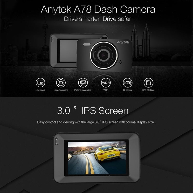 Anytek A78 Car Dash Cam Full HD 1080P Car DVR 170 Degree Wide Angle (24 Hours Parking Monitoring) V28-ELEATKA78