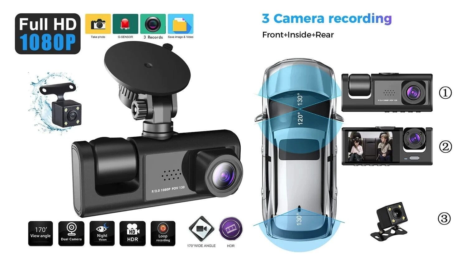 BDI C309 3-Camera 1080P Front & 720P Inside 2 Inch Screen + 480P Back Dash Cam V28-ELEBDIC309