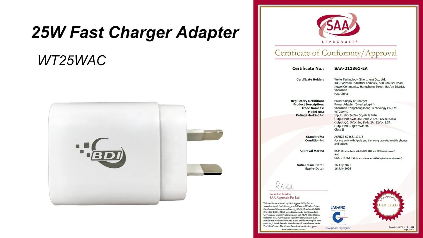 BDI 25W PD Quick Charger AU plug with USB-A and Type-C Ports V28-ELEBDITSC25WACA