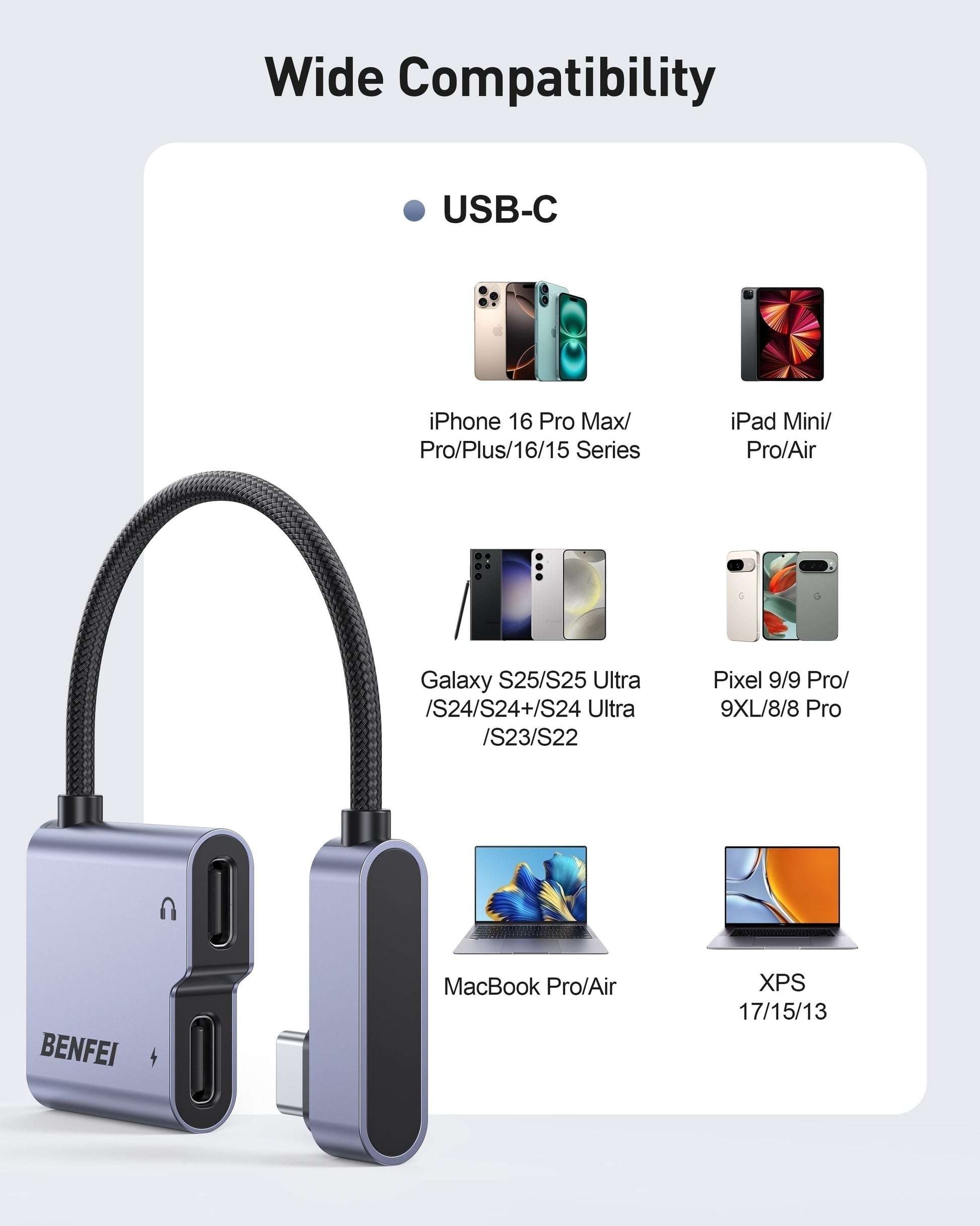BENFEI 000413GY USB-C to USB-C Audio Headphone + Data Transfer and Charging Adapter V28-ELEBEN000413GY