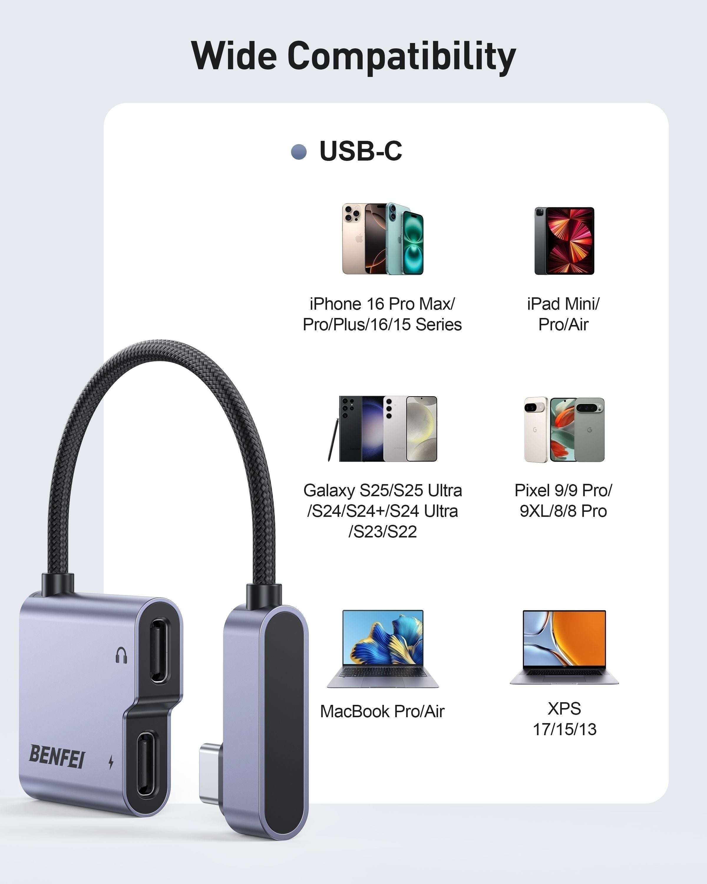 BENFEI 000413GY USB-C to USB-C Audio Headphone + Data Transfer and Charging Adapter V28-ELEBEN000413GY