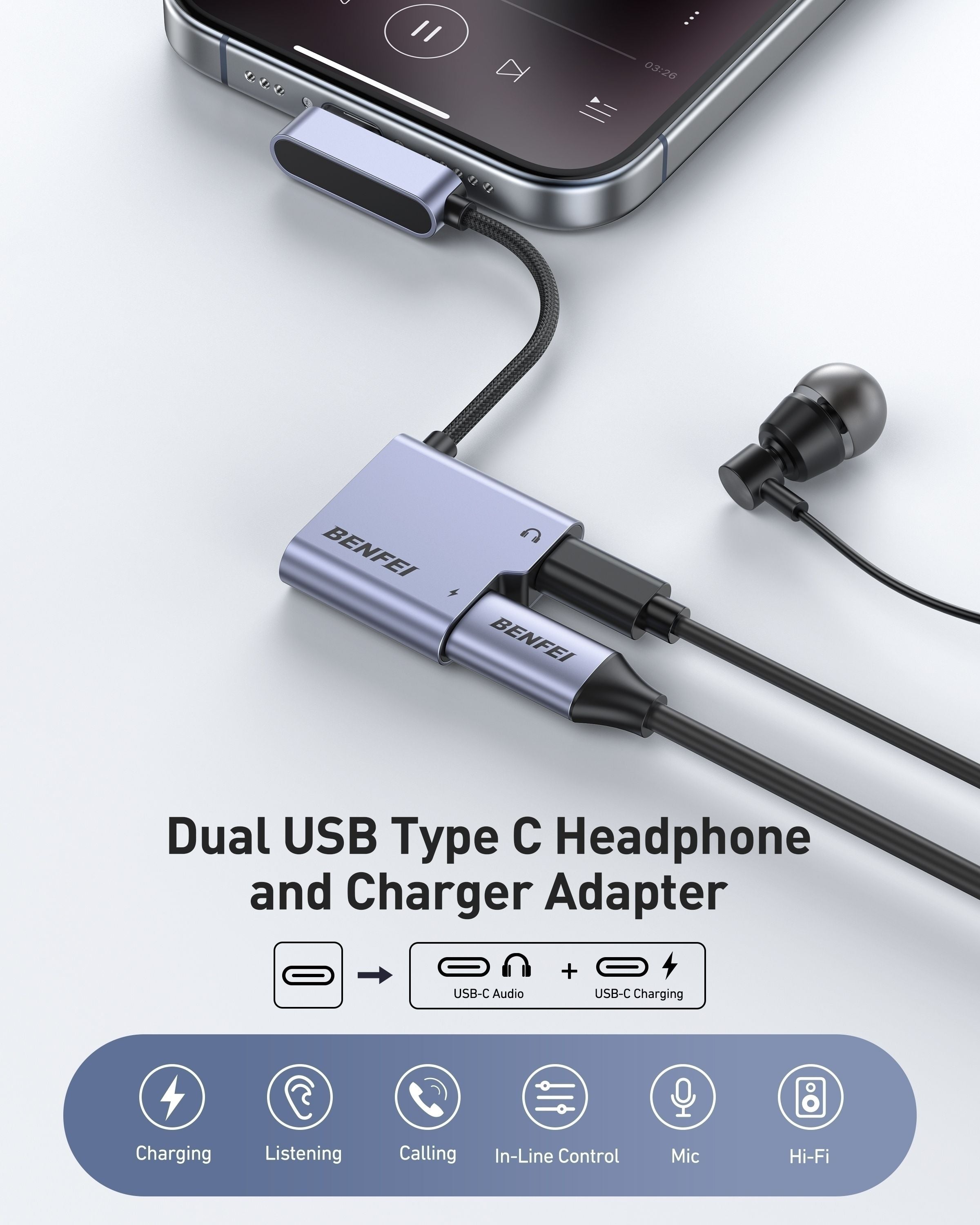 BENFEI 000413GY USB-C to USB-C Audio Headphone + Data Transfer and Charging Adapter V28-ELEBEN000413GY