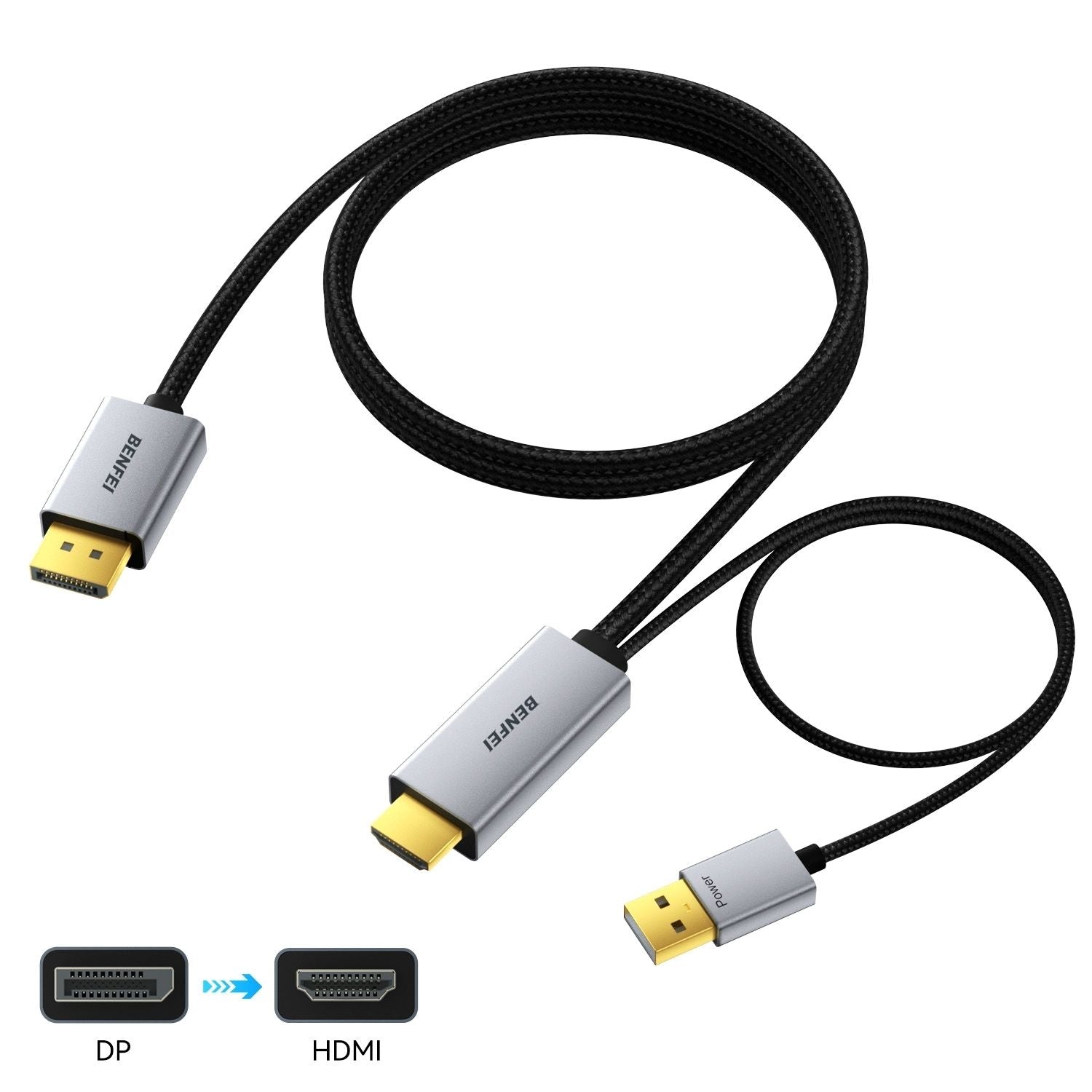 BENFEI 000419GY 8K DisplayPort V1.4 to HDMI V2.1 Aluminum Shell, Nylon Braided Cable 1.8M V28-ELEBEN000419GY