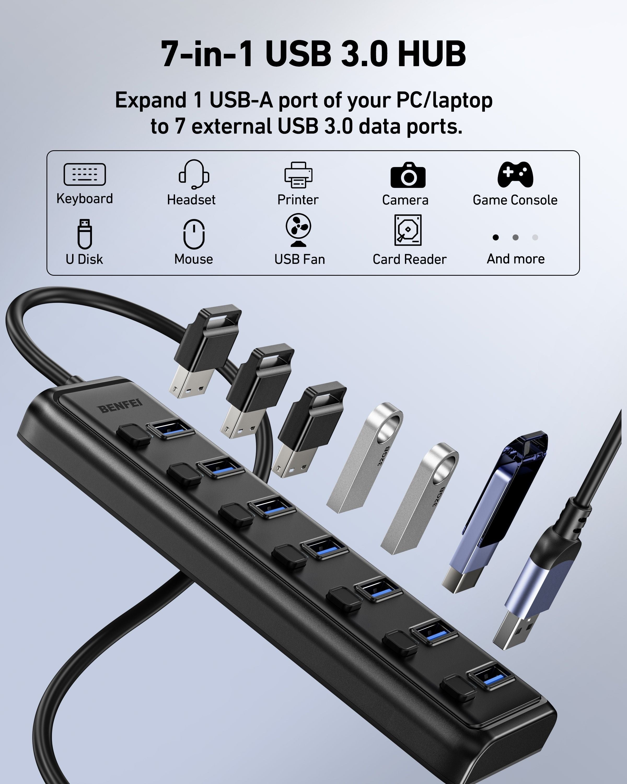 BENFEI 000425BK USB3.0 to 7 Port USB3.0 HUB (Black) V28-ELEBEN000425BK