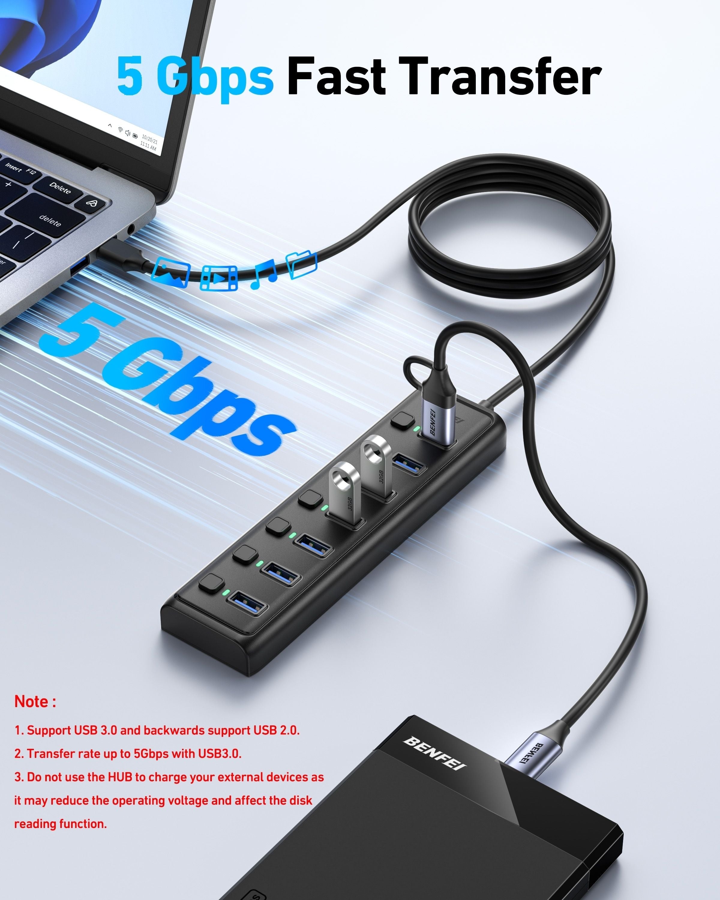 BENFEI 000425BK USB3.0 to 7 Port USB3.0 HUB (Black) V28-ELEBEN000425BK