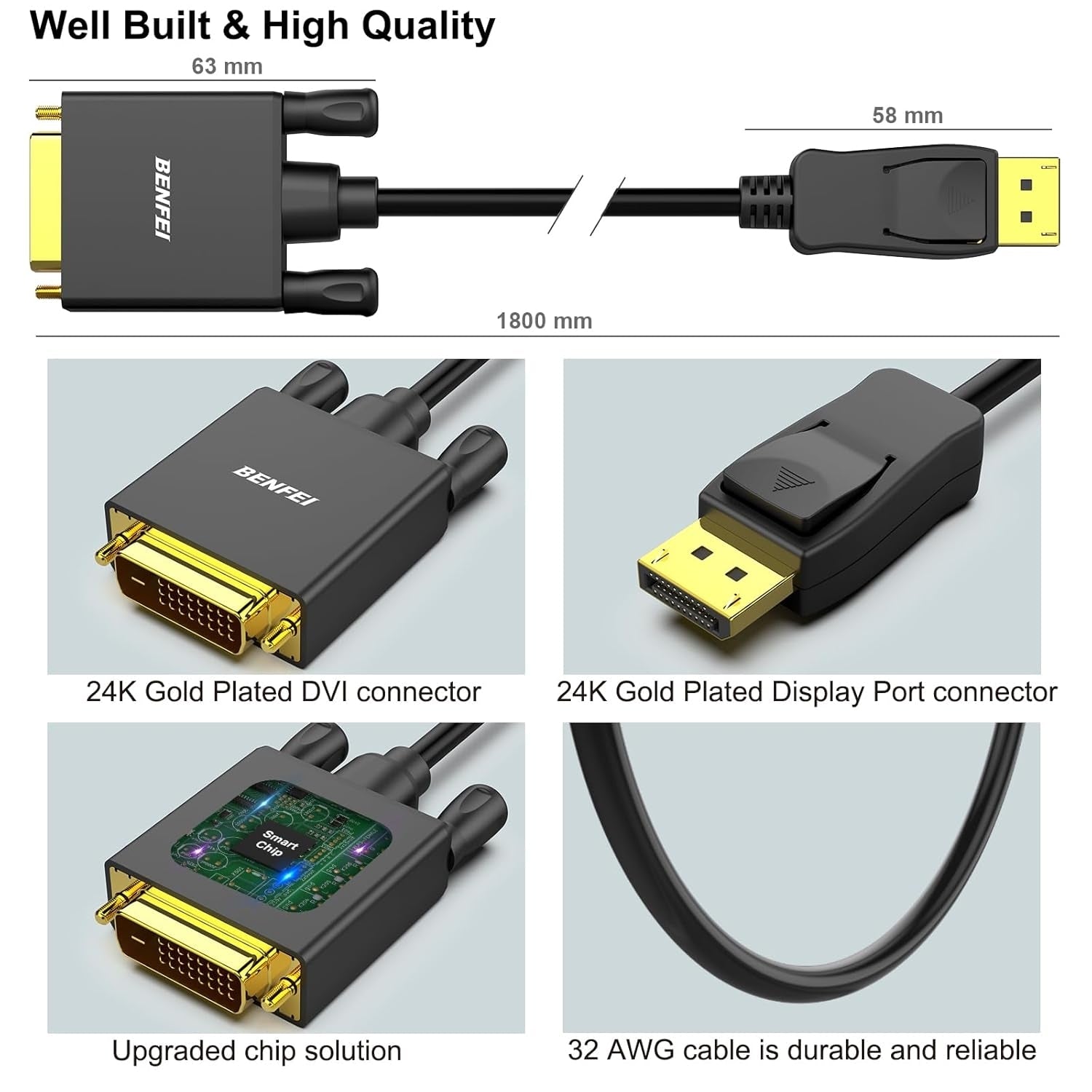 BENFEI DisplayPort to DVI 1.8m (6 Feet) Cable V28-ELEBEN105BK6F