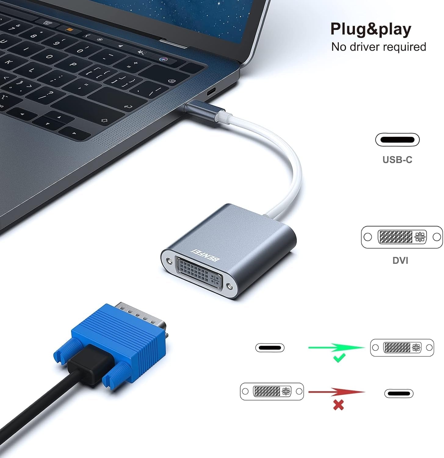 BENFEI 000164GY USB C to DVI Adapter [Thunderbolt 3/4 Compatible] V28-ELEBEN164GY