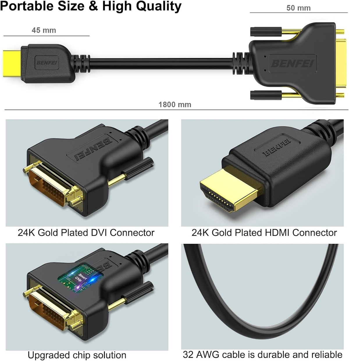 BENFEI HDMI to DVI, Bi Directional DVI-D 24+1 Male to HDMI Male High Speed Adapter Cable V28-ELEBEN189BK