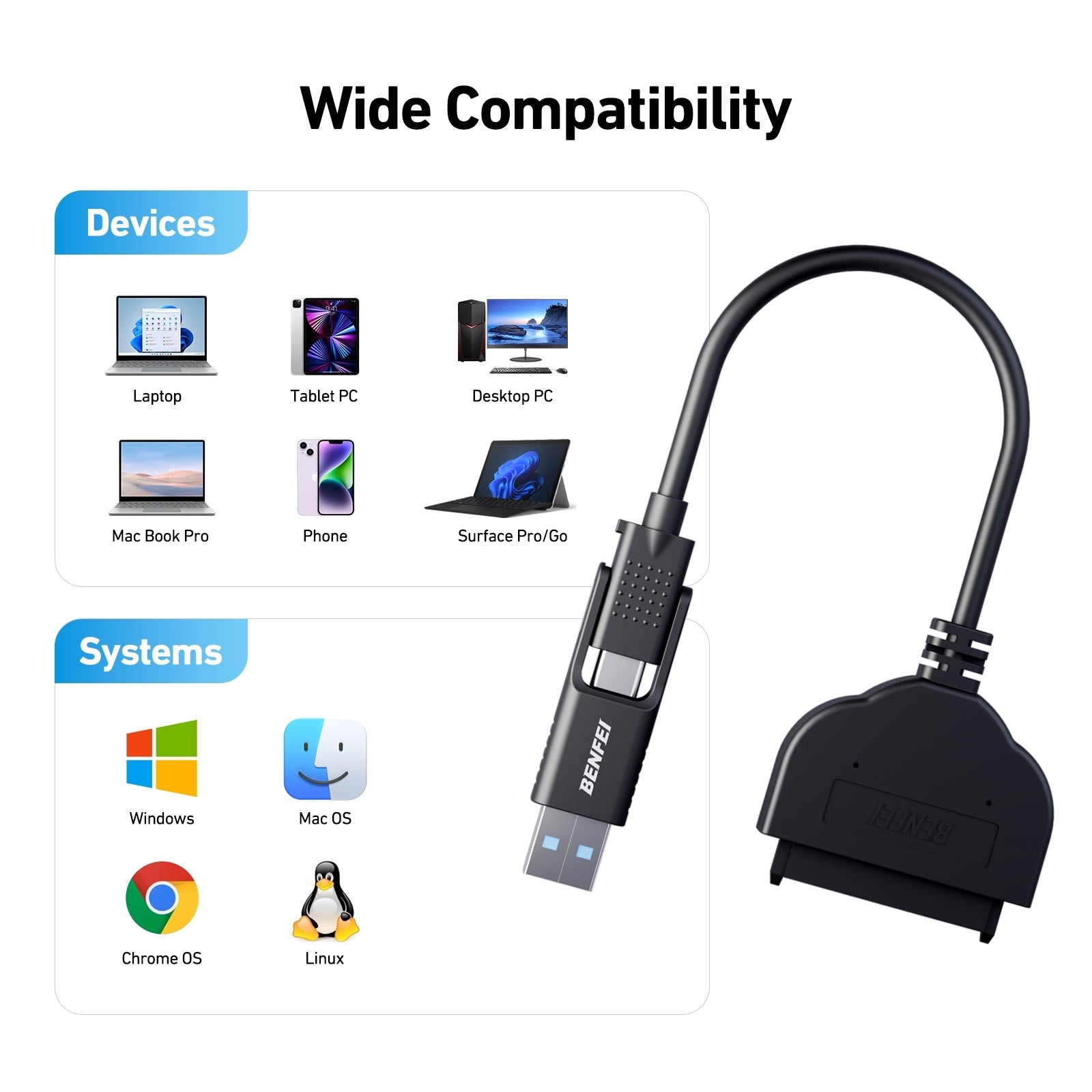 BENFEI 2in1 USB-C/USB 3.0 to SATA III Hard Driver Adapter V28-ELEBEN193BK