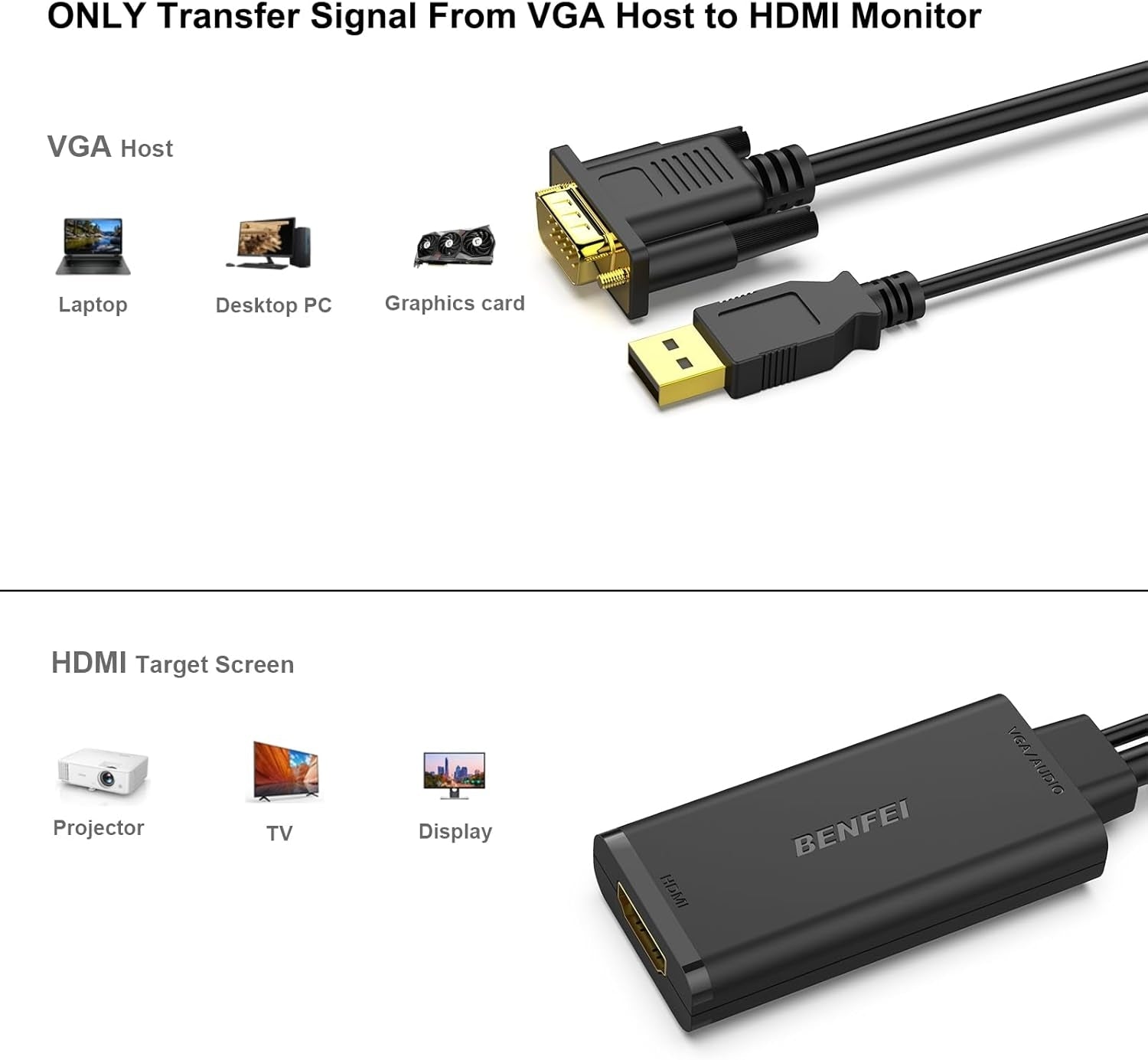 BENFEI 210BK VGA to HDMI Adapter with Audio Support and 1080P Resolution V28-ELEBEN210BK