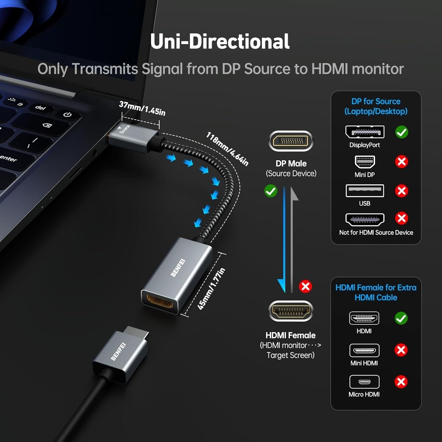 BENFEI 4K DisplayPort to HDMI Adapter, (2K 60Hz, 1080p 120Hz) Uni-Directional Display Port to HDMI Monitor V28-ELEBEN218GY