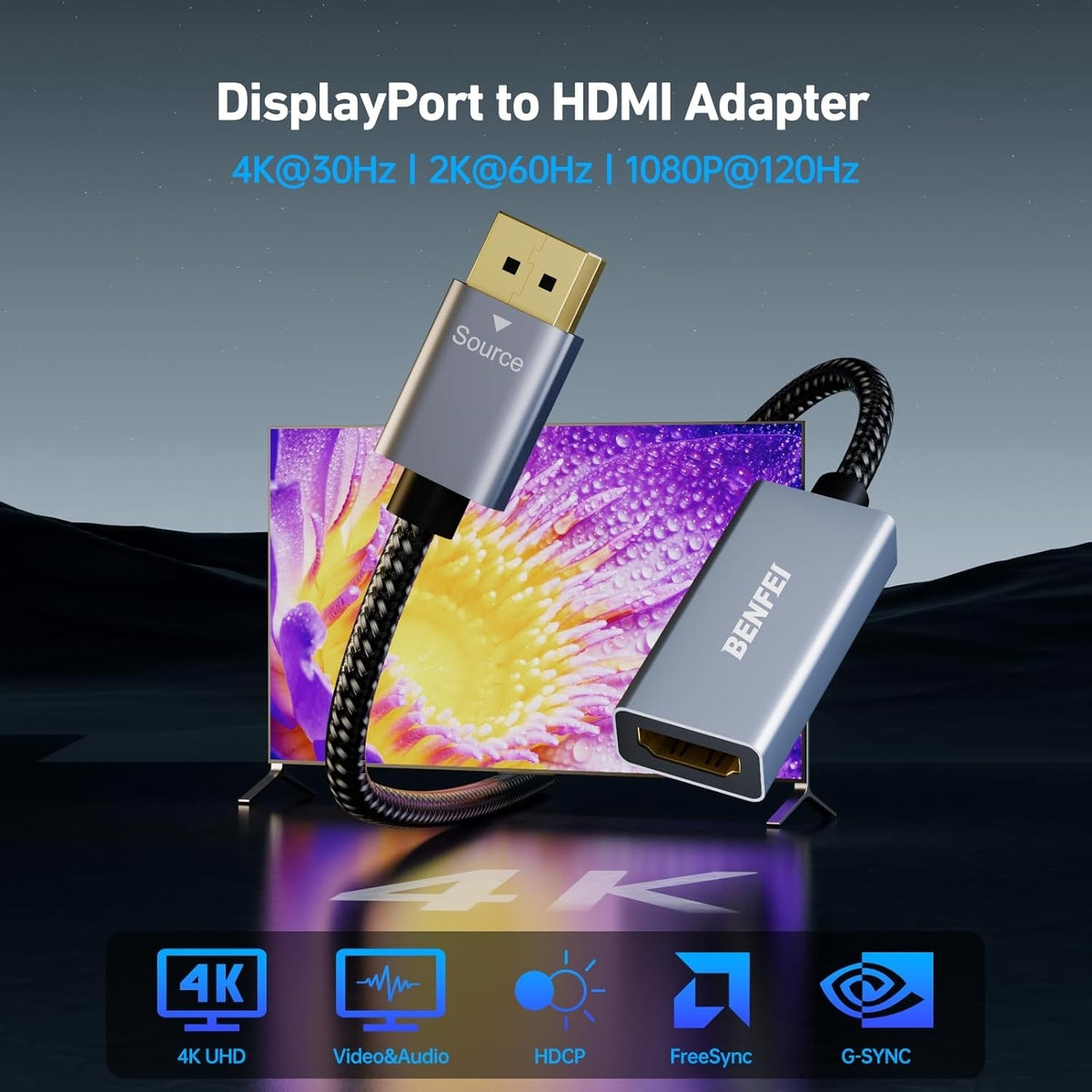 BENFEI 4K DisplayPort to HDMI Adapter, (2K 60Hz, 1080p 120Hz) Uni-Directional Display Port to HDMI Monitor V28-ELEBEN218GY
