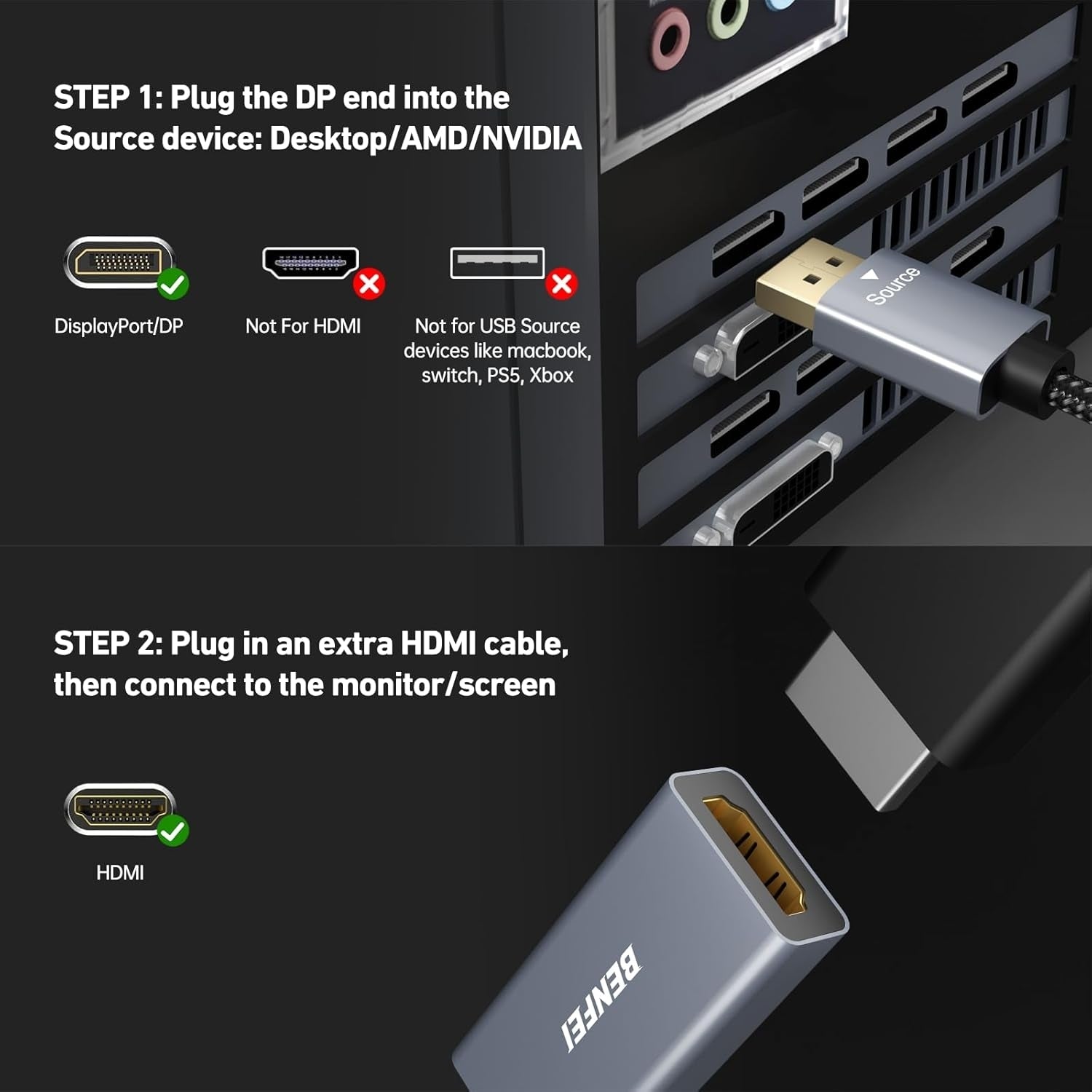 BENFEI 4K DisplayPort to HDMI Adapter, (2K 60Hz, 1080p 120Hz) Uni-Directional Display Port to HDMI Monitor V28-ELEBEN218GY