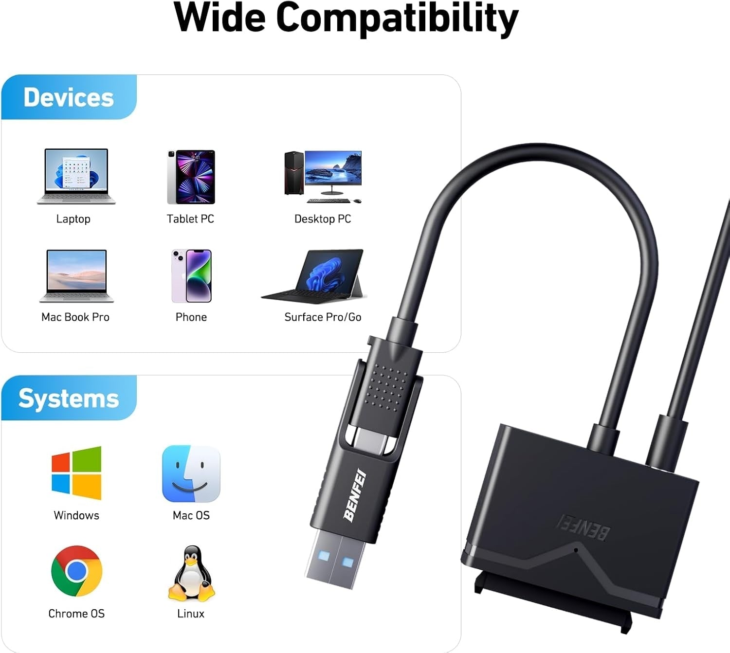 BENFEI 221BK USB 3.0 to SATA III Hard Drive Adapter for 2.5/3.5-inch HDD/SSD with 12V/2A Power Adapter, V28-ELEBEN221BK