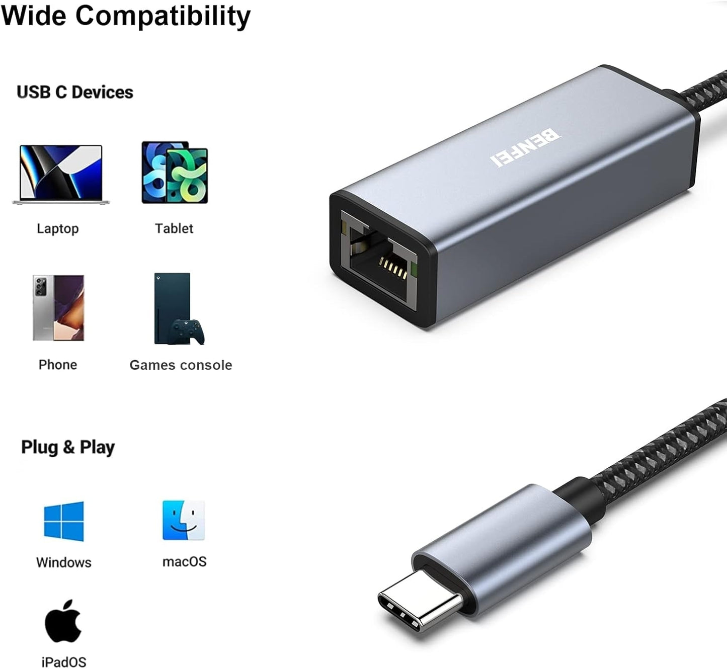BENFEI USB-C to Ethernet Adapter (Thunderbolt 3 to RJ45) V28-ELEBEN269GY