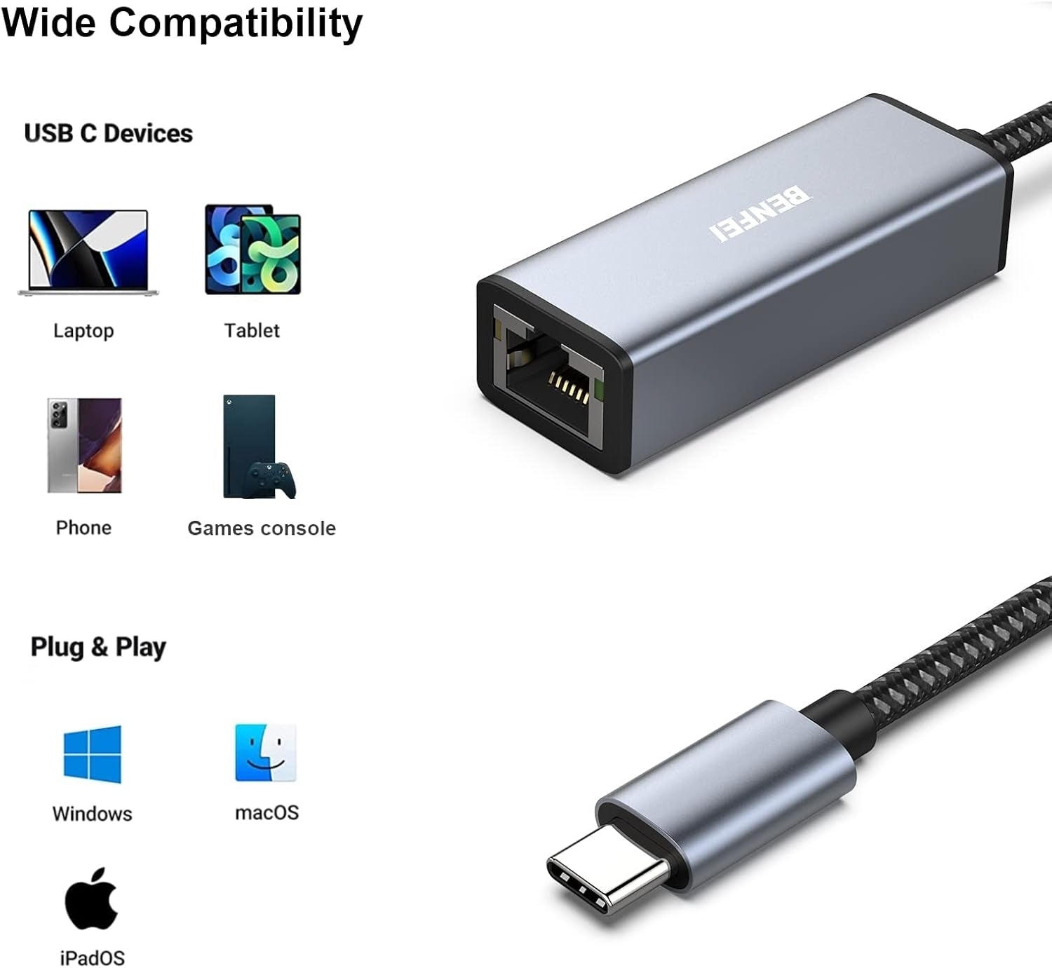 BENFEI USB-C to Ethernet Adapter (Thunderbolt 3 to RJ45) V28-ELEBEN269GY
