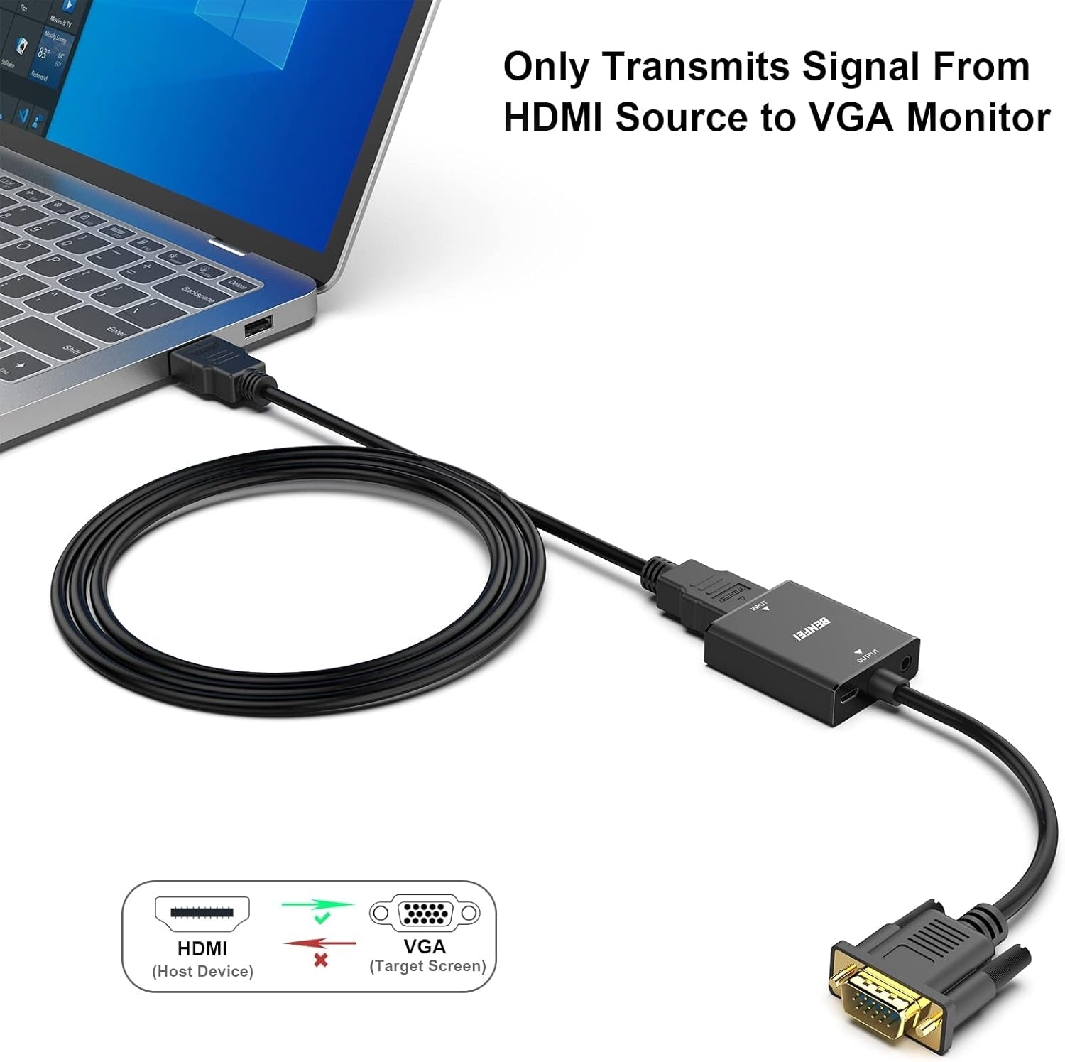 BENFEI HDMI to VGA, Uni-Directional HDMI Computer to VGA Monitor Adapter (Female to Male) with 3.5mm Audio V28-ELEBEN272BK