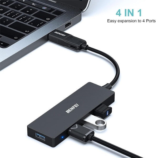 BENFEI 000291BK 4-Port USB 3.0 Ultra Flat Data Hub, USB C Hub with 4 Ports USB 3.0 Adapter V28-ELEBEN291BK