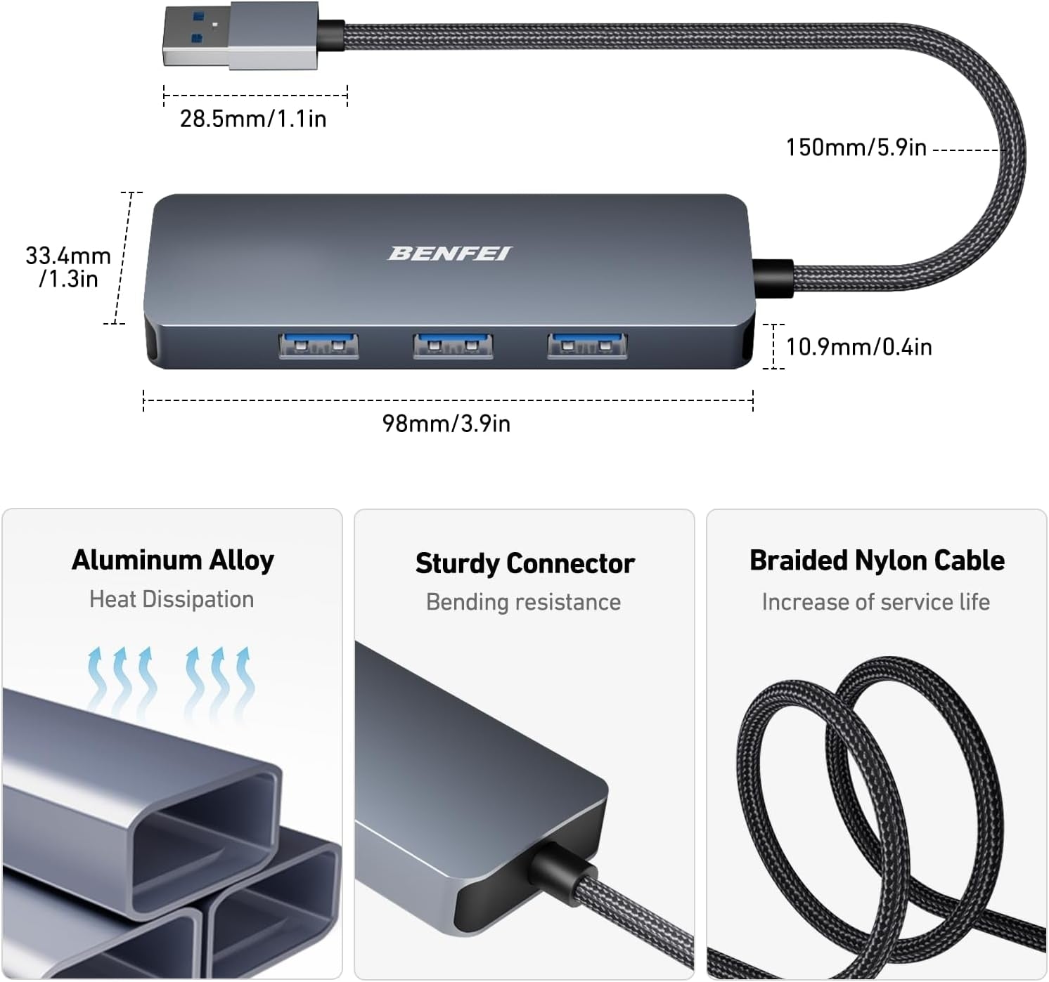 BENFEI USB 3.0 4-port Hub USB A Splitter Ultra-Slim V28-ELEBEN305GY
