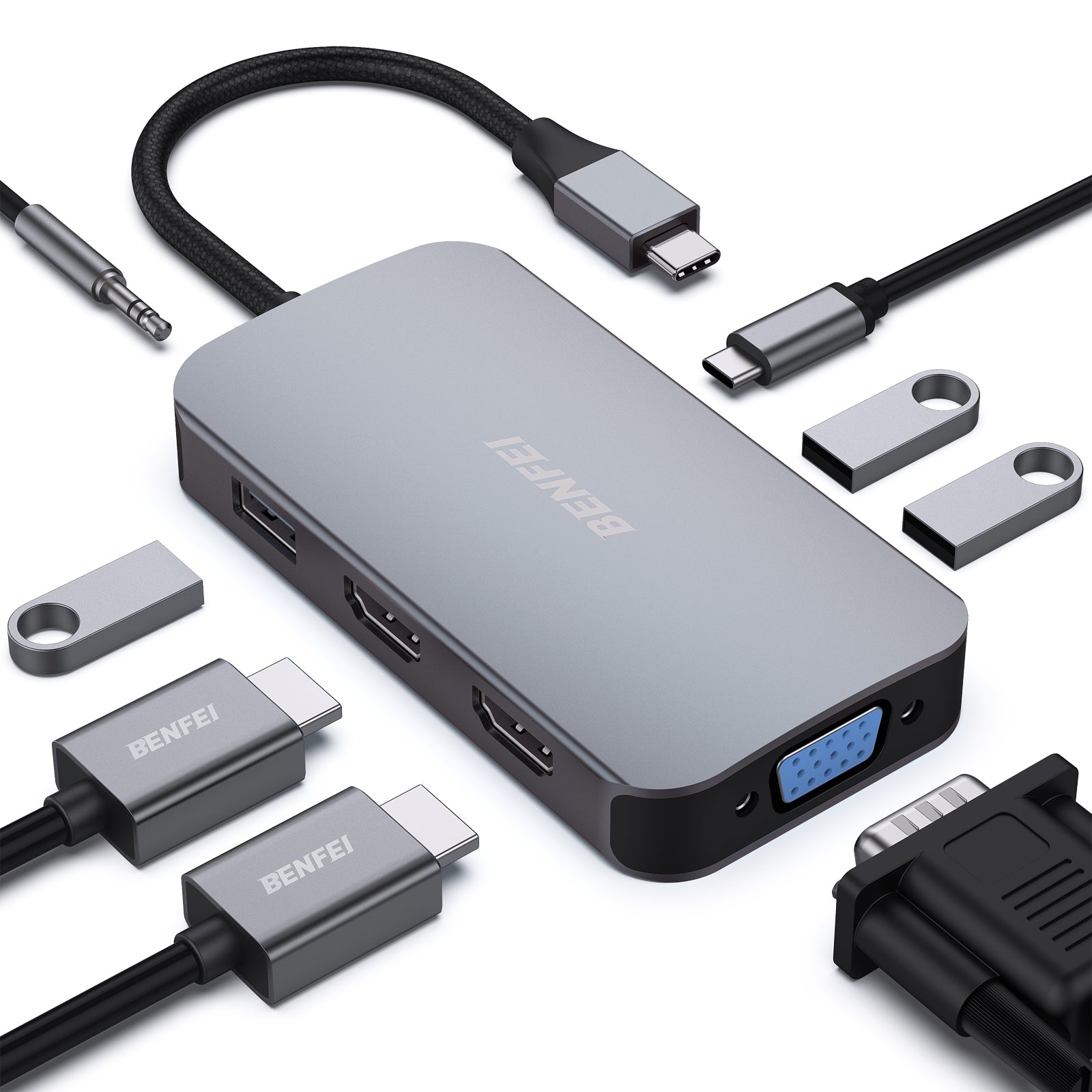 BENFEI 335GY USB-C Hub with Triple Display, 8-in-1 Docking Station (100W PD, Dual 4K HDMI, VGA, 3x USB 3.0) V28-ELEBEN335GY
