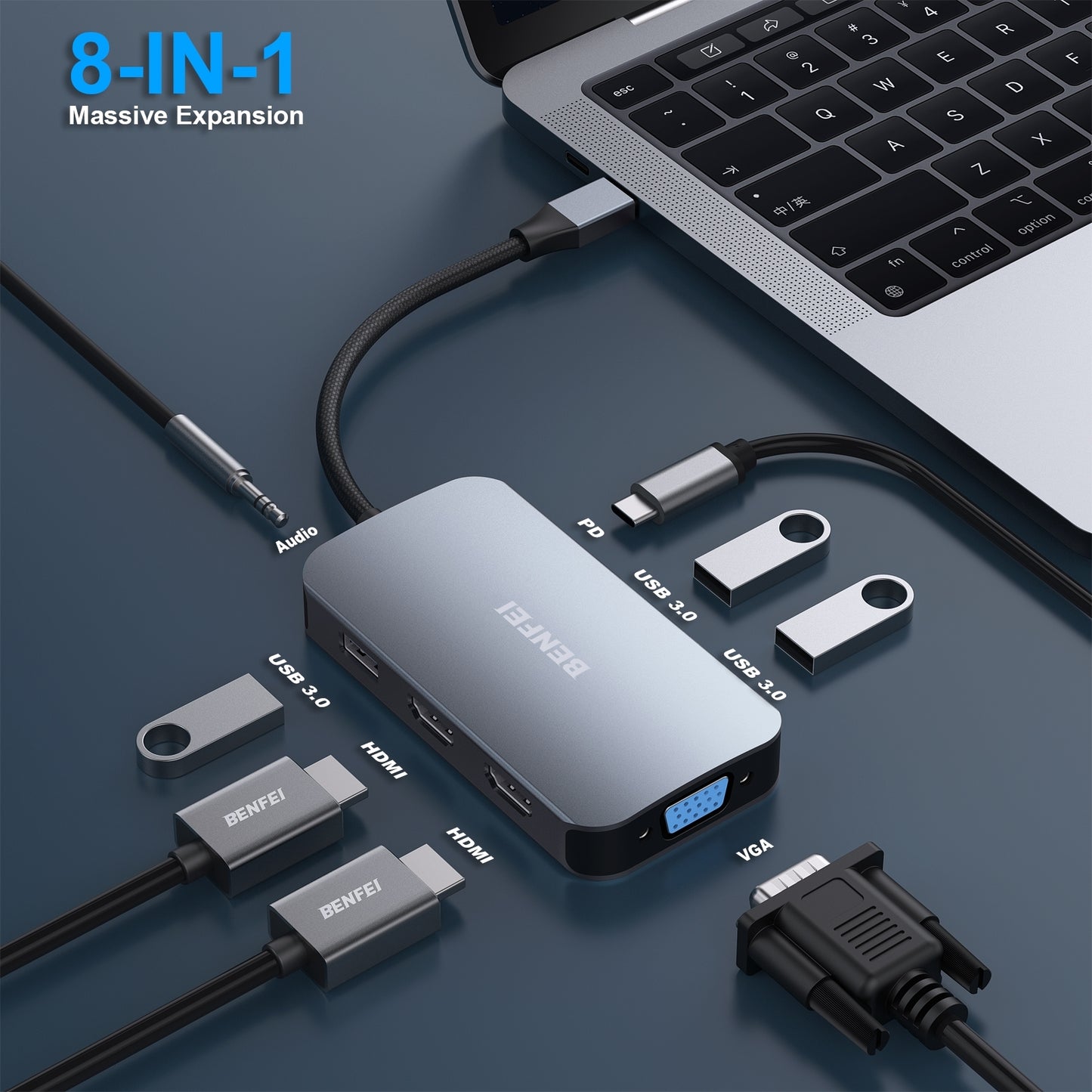 BENFEI 335GY USB-C Hub with Triple Display, 8-in-1 Docking Station (100W PD, Dual 4K HDMI, VGA, 3x USB 3.0) V28-ELEBEN335GY