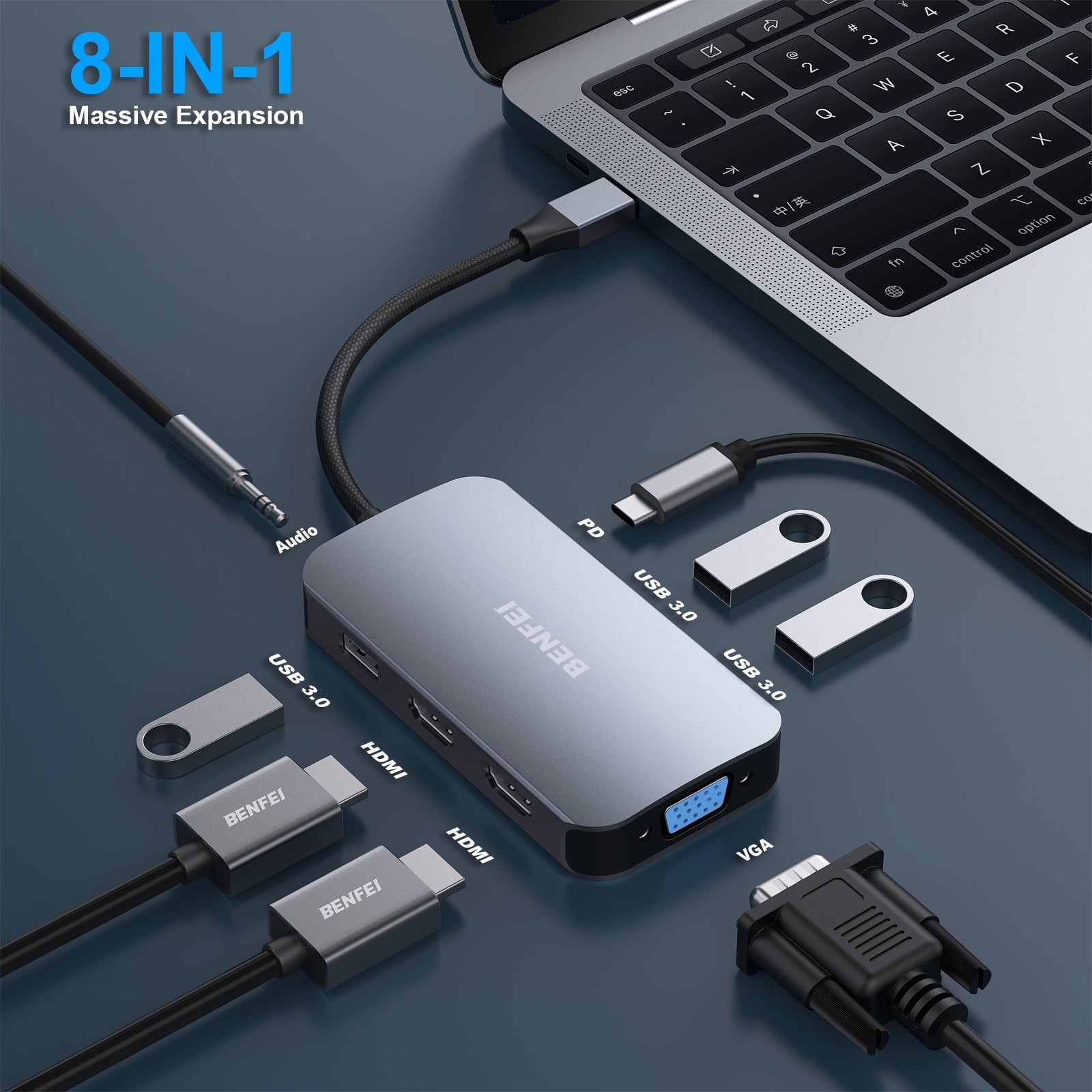 BENFEI 335GY USB-C Hub with Triple Display, 8-in-1 Docking Station (100W PD, Dual 4K HDMI, VGA, 3x USB 3.0) V28-ELEBEN335GY