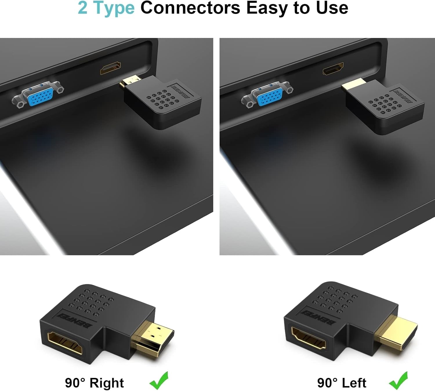 BENFEI HDMI Male to Female Right Angle 90 Degree Adapter V28-ELEBEN338BK2P