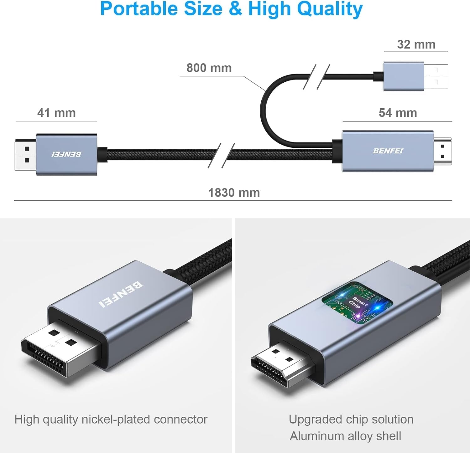 BENFEI 344GY-3M HDMI to DisplayPort Unidirectional 4K Active Cable with USB Powered 3M V28-ELEBEN344GY3M