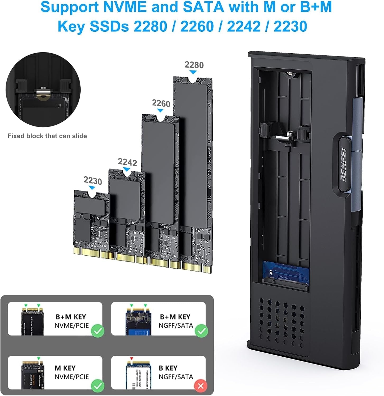 BENFEI 345GY M.2 NVME SATA SSD Enclosure, 10 Gbps USB Type-C/Type-A to NVME PCI-E SATA M-Key/(B+M) V28-ELEBEN345GY