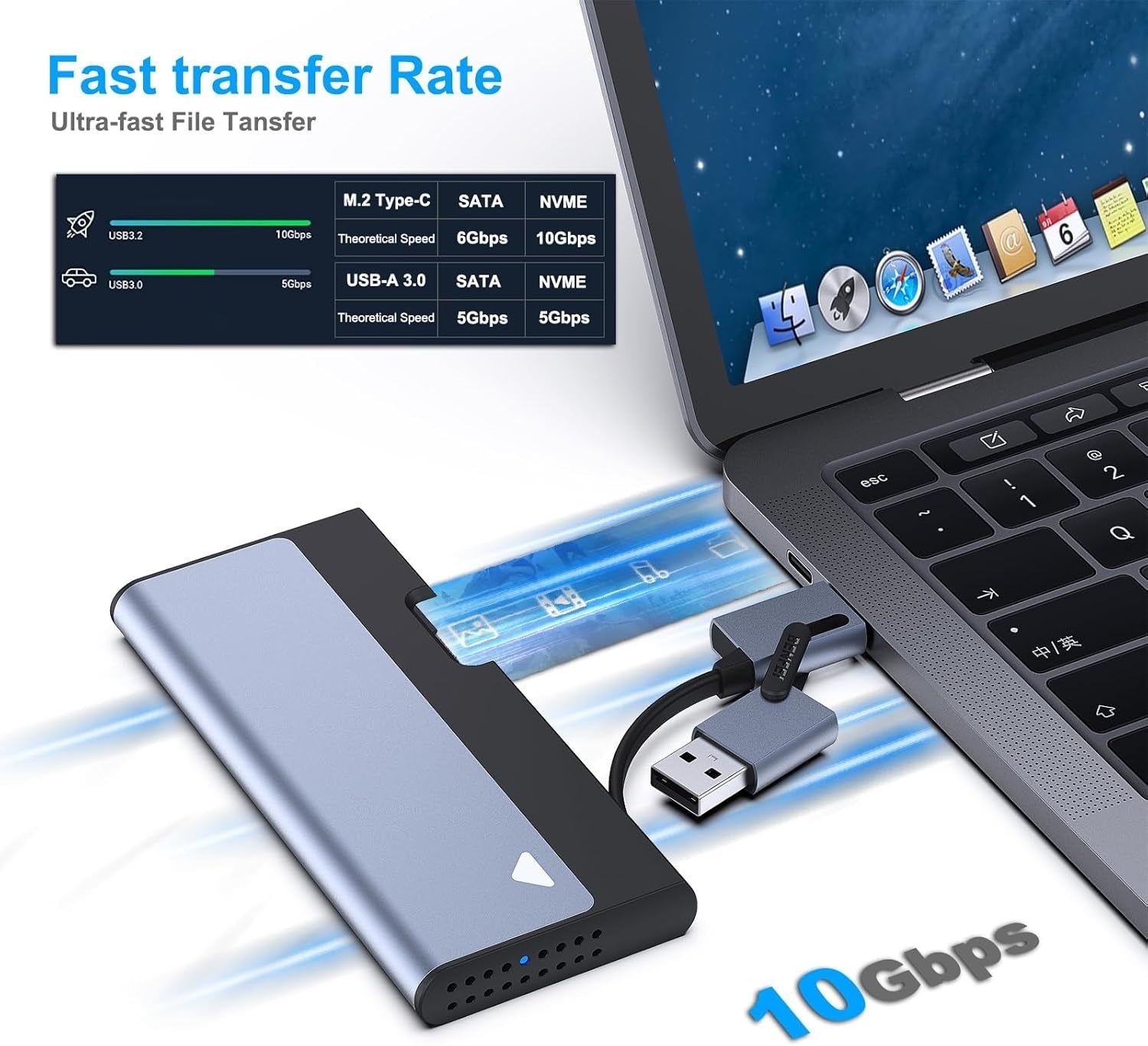 BENFEI 345GY M.2 NVME SATA SSD Enclosure, 10 Gbps USB Type-C/Type-A to NVME PCI-E SATA M-Key/(B+M) V28-ELEBEN345GY