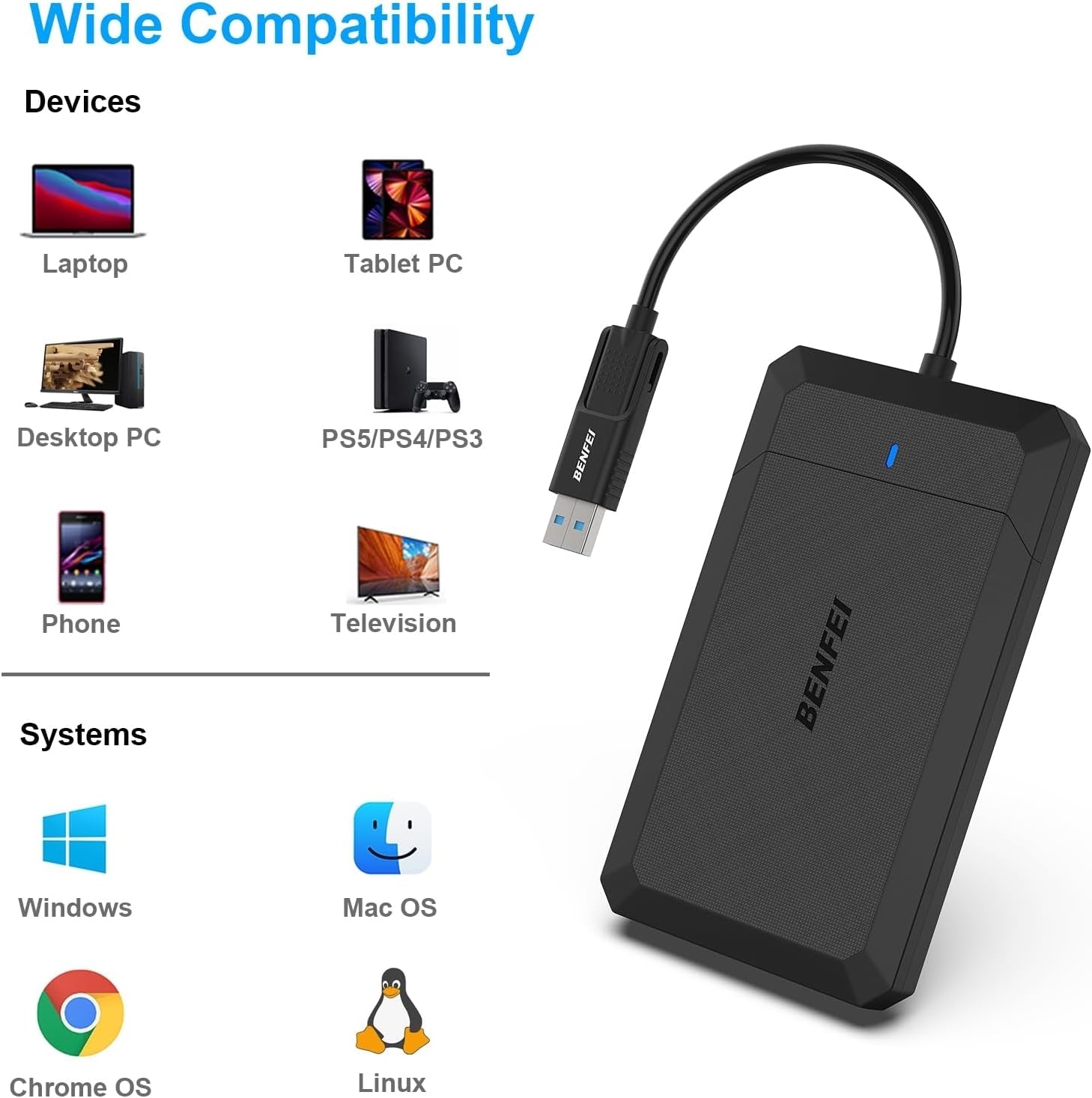 BENFEI 2.5 Inch SATA to USB Tool Free External Hard Drive Enclosure V28-ELEBEN346BK
