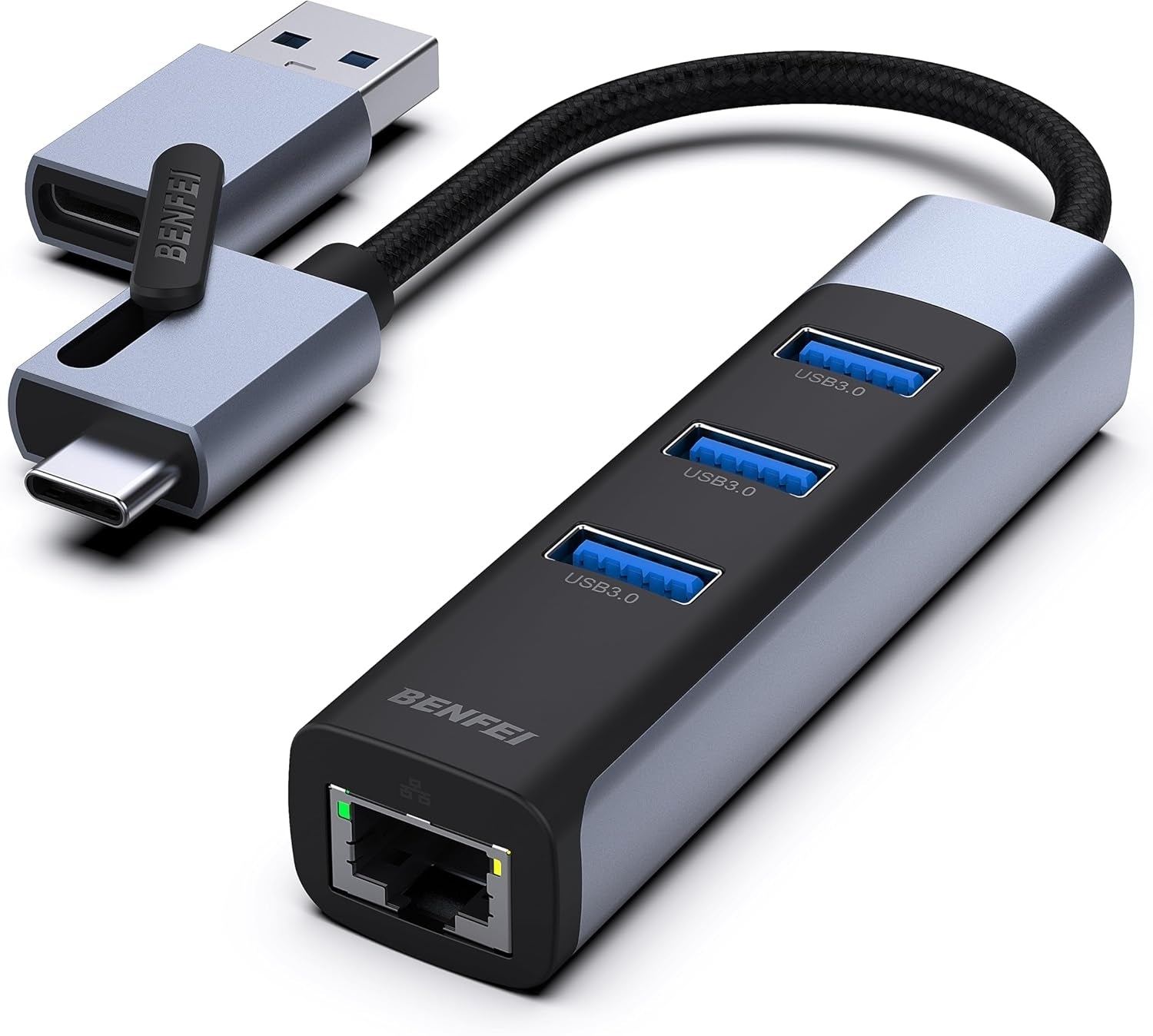 BENFEI 350GY 2-in-1 USB-C+USB 3.0 to RJ45 Gigabit Ethernet Port + 3-Port USB 3.0 HUB V28-ELEBEN350GY