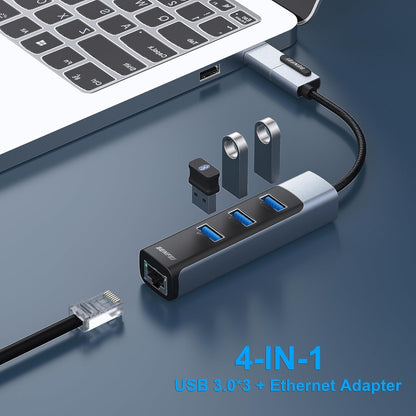 BENFEI 350GY 2-in-1 USB-C+USB 3.0 to RJ45 Gigabit Ethernet Port + 3-Port USB 3.0 HUB V28-ELEBEN350GY