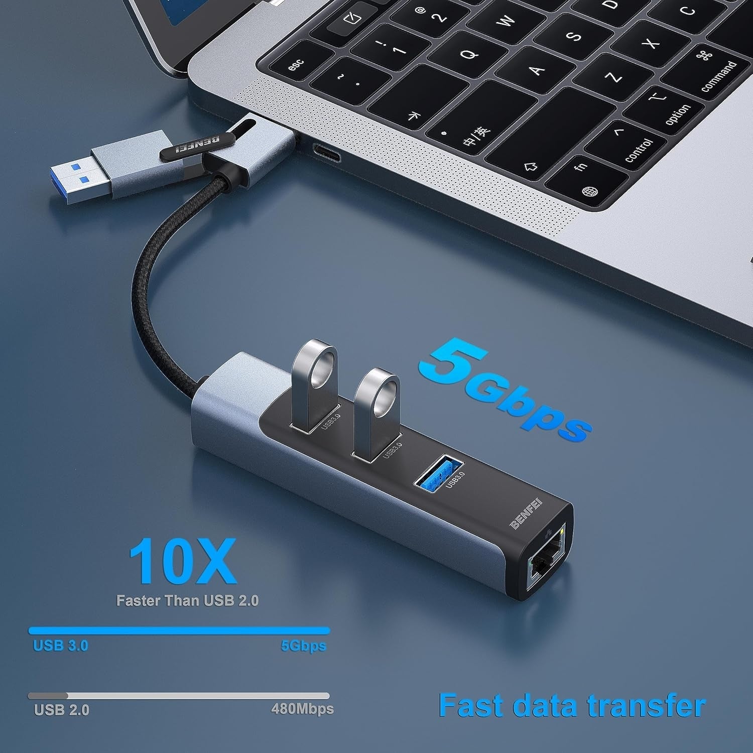 BENFEI 350GY 2-in-1 USB-C+USB 3.0 to RJ45 Gigabit Ethernet Port + 3-Port USB 3.0 HUB V28-ELEBEN350GY
