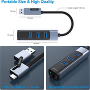 BENFEI 350GY 2-in-1 USB-C+USB 3.0 to RJ45 Gigabit Ethernet Port + 3-Port USB 3.0 HUB V28-ELEBEN350GY