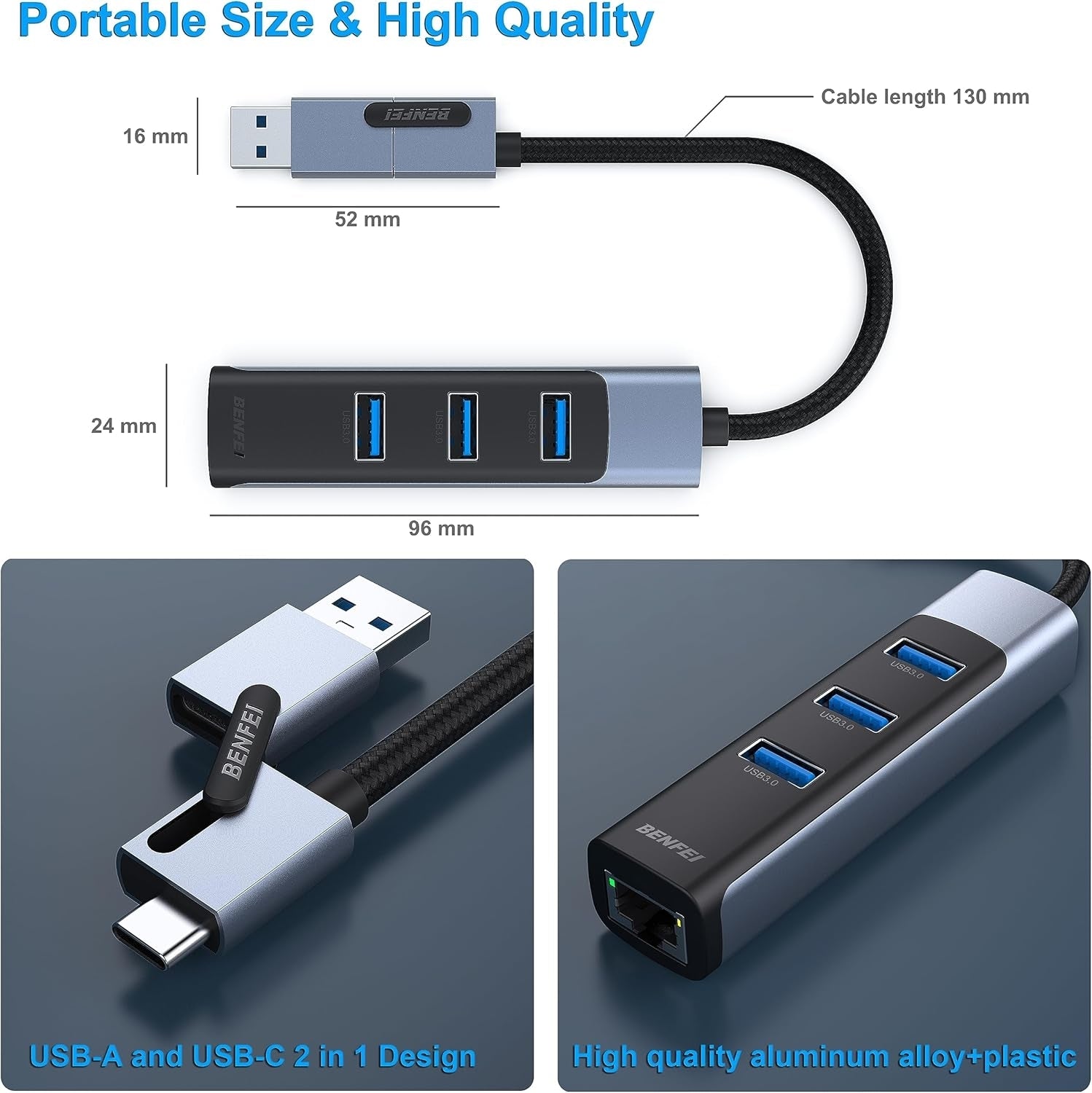 BENFEI 350GY 2-in-1 USB-C+USB 3.0 to RJ45 Gigabit Ethernet Port + 3-Port USB 3.0 HUB V28-ELEBEN350GY