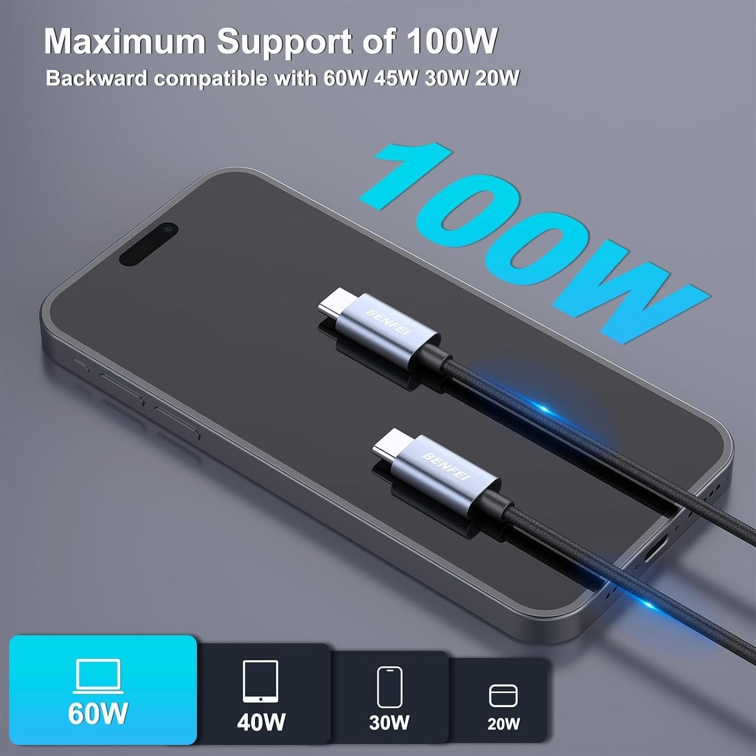 BENFEI 351SL-6F 100W USB-C to USB-C Fast Charging Cable Aluminum Shell Tangle-Free Silicone V28-ELEBEN351SL6F