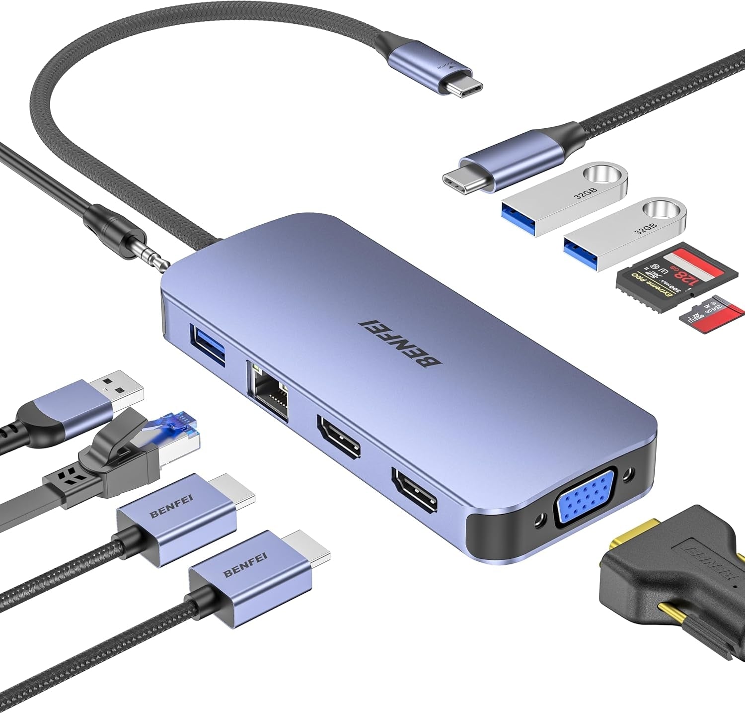 BENFEI 000359GY 11-in-1 USB C Hub Triple Display Docking Station Dual HDMI, VGA, 3xUSB 3.0, 10Gbps V28-ELEBEN359GY