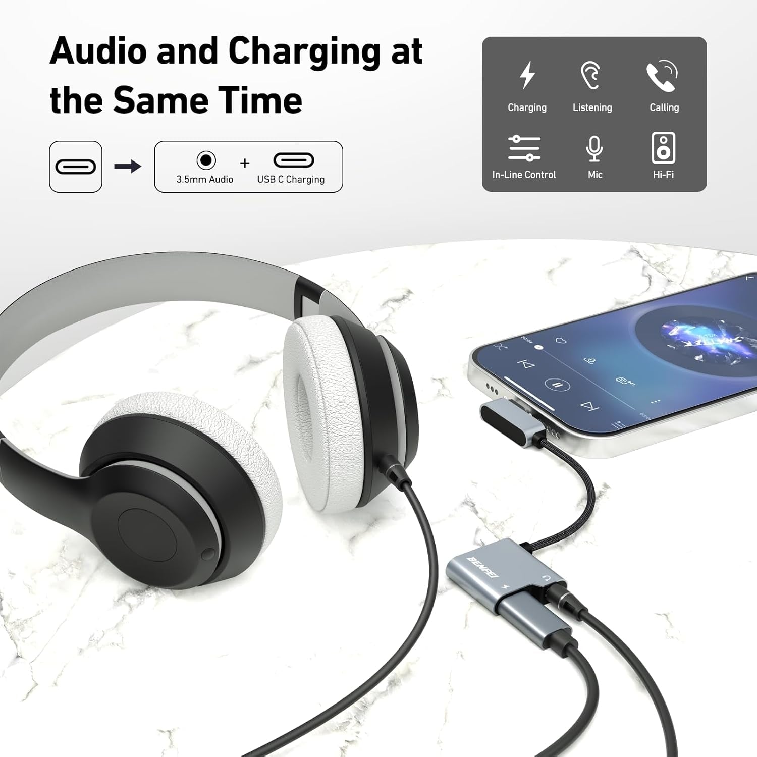 BENFEI USB C to Audio Jack Adapter with 60W Fast Charging V28-ELEBEN361GY