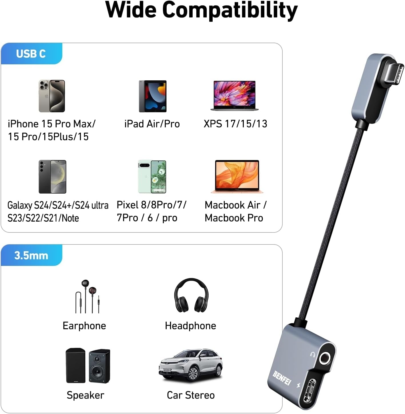 BENFEI USB C to Audio Jack Adapter with 60W Fast Charging V28-ELEBEN361GY