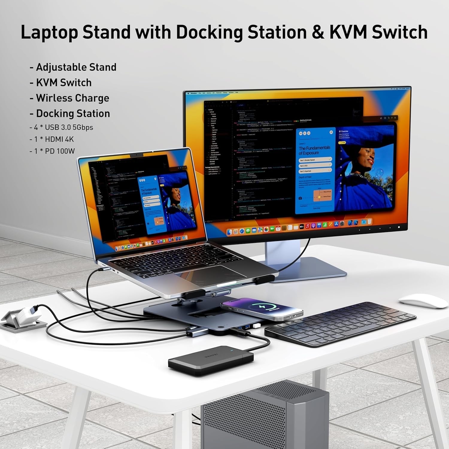 BENFEI 000366GY Laptop Stand with USB C Hub, Multi Function With USB and KVM Switch and 15W Wireless Charger V28-ELEBEN366GY