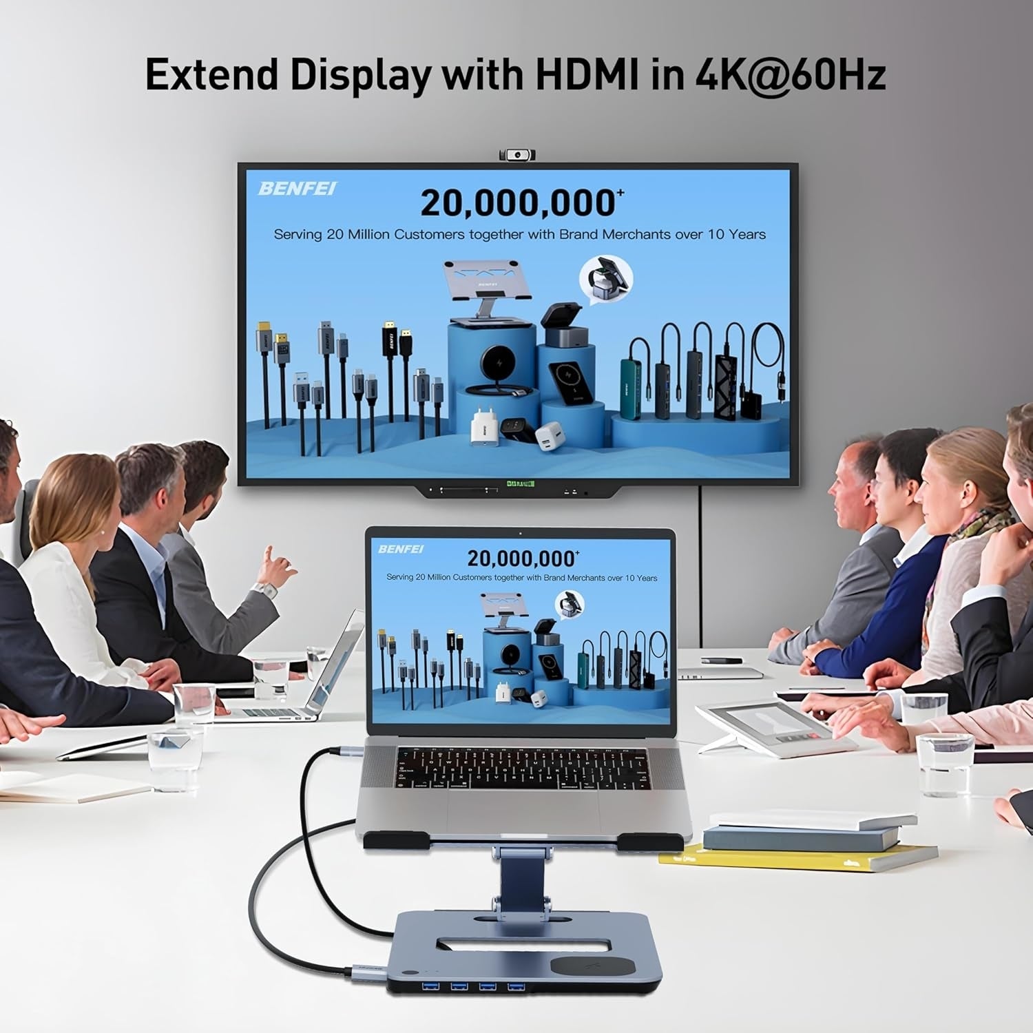 BENFEI 000366GY Laptop Stand with USB C Hub, Multi Function With USB and KVM Switch and 15W Wireless Charger V28-ELEBEN366GY