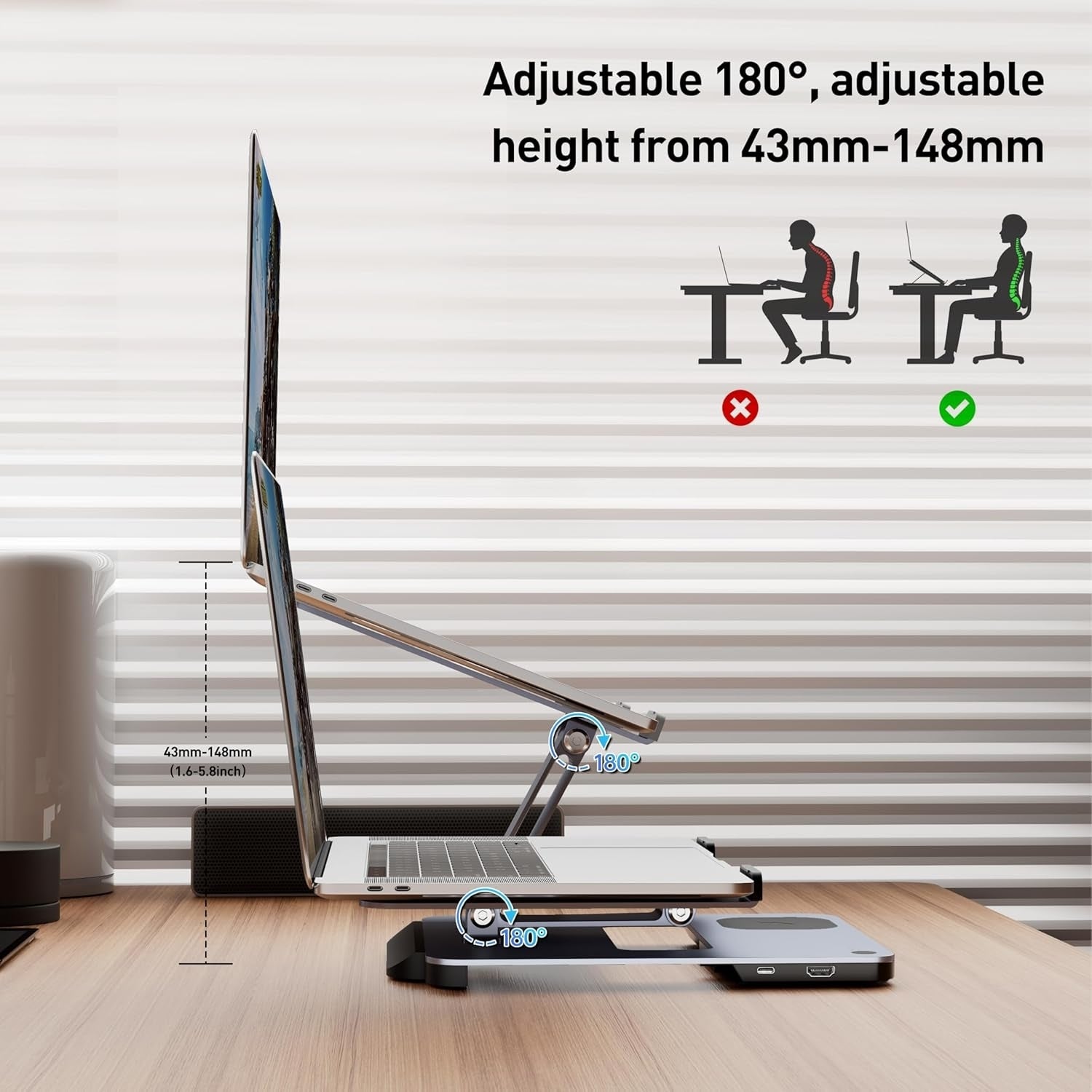 BENFEI 000366GY Laptop Stand with USB C Hub, Multi Function With USB and KVM Switch and 15W Wireless Charger V28-ELEBEN366GY