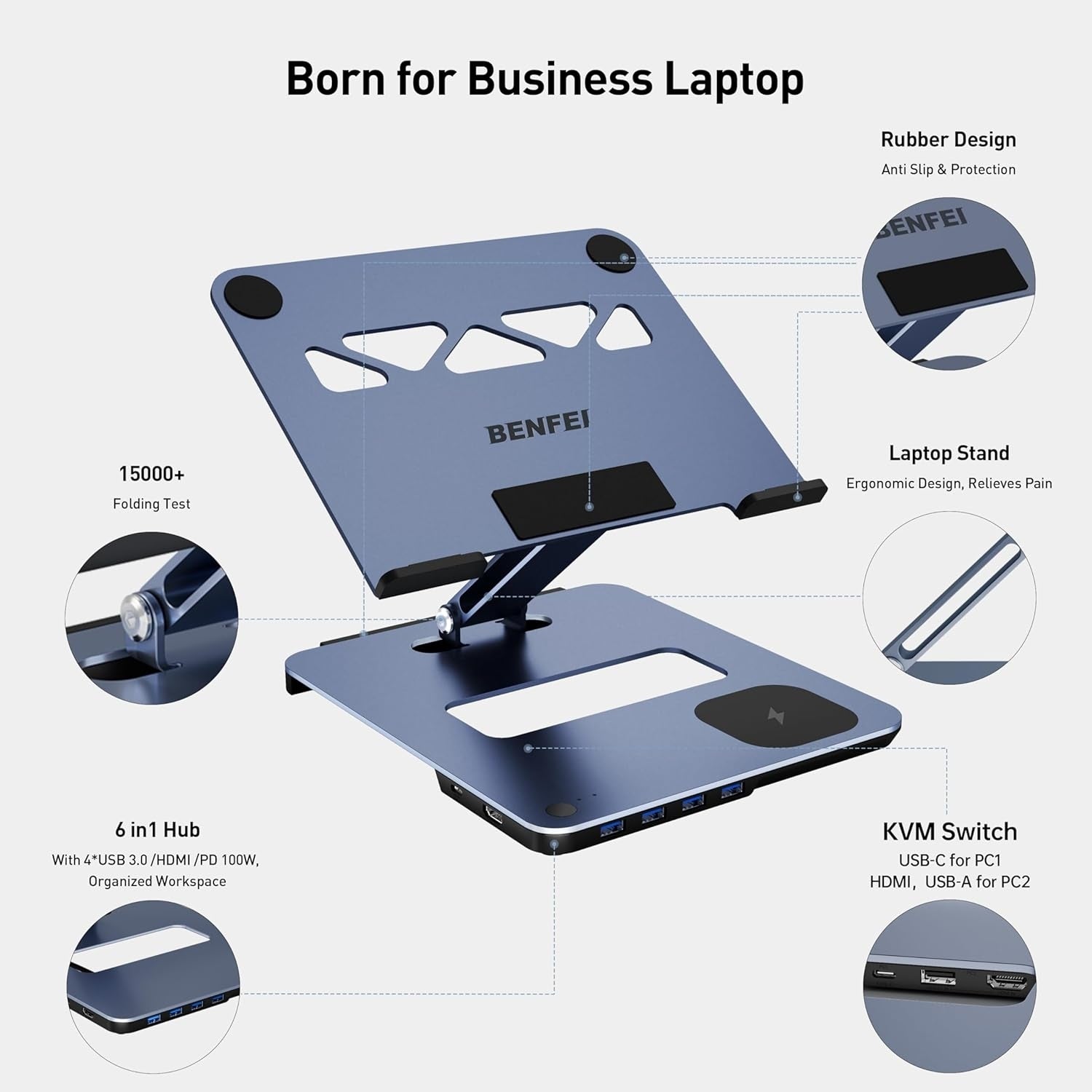 BENFEI 000366GY Laptop Stand with USB C Hub, Multi Function With USB and KVM Switch and 15W Wireless Charger V28-ELEBEN366GY