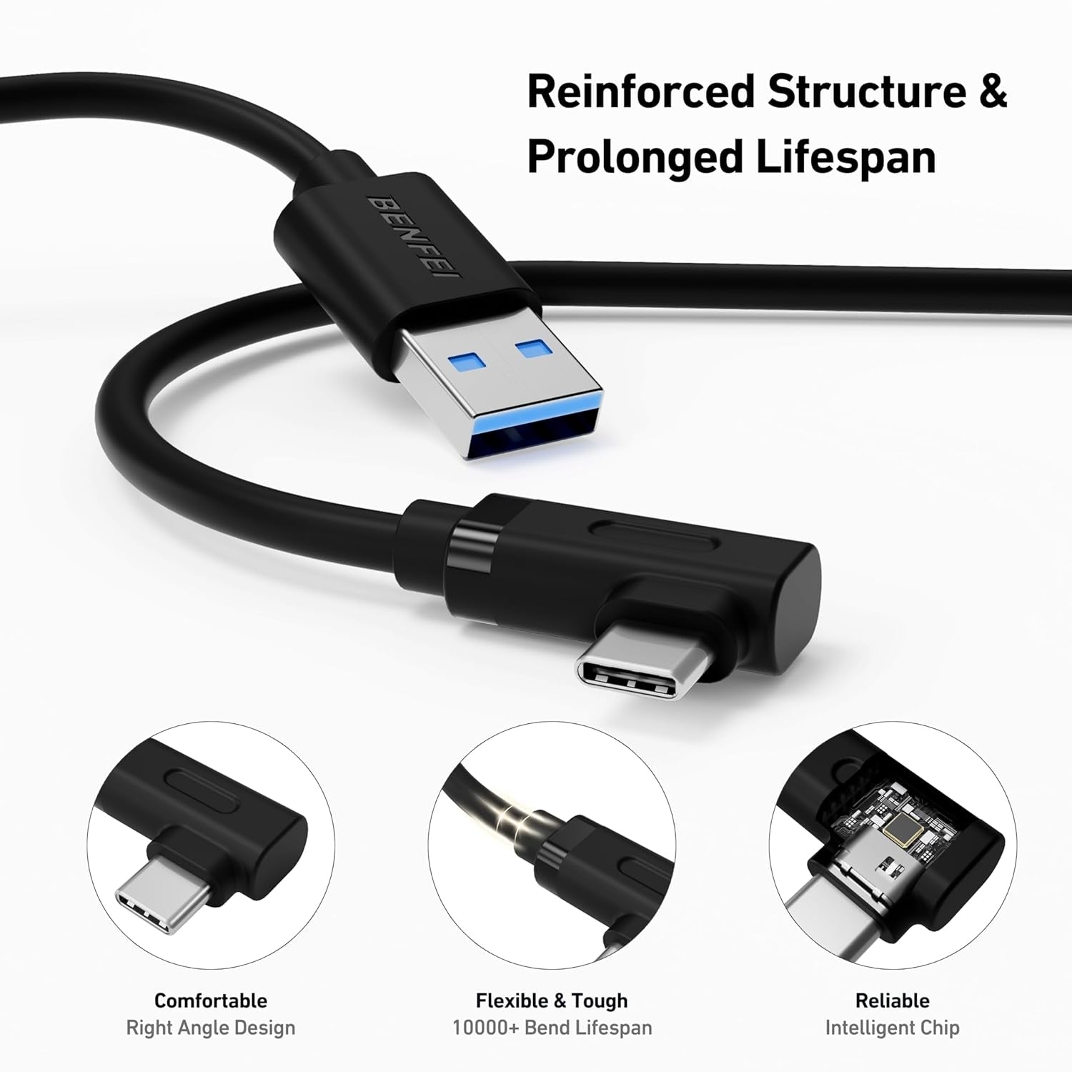 BENFEI 375BK-2M USB 3.0 to Right Angled USB-C PVC 2M V28-ELEBEN375BK2M