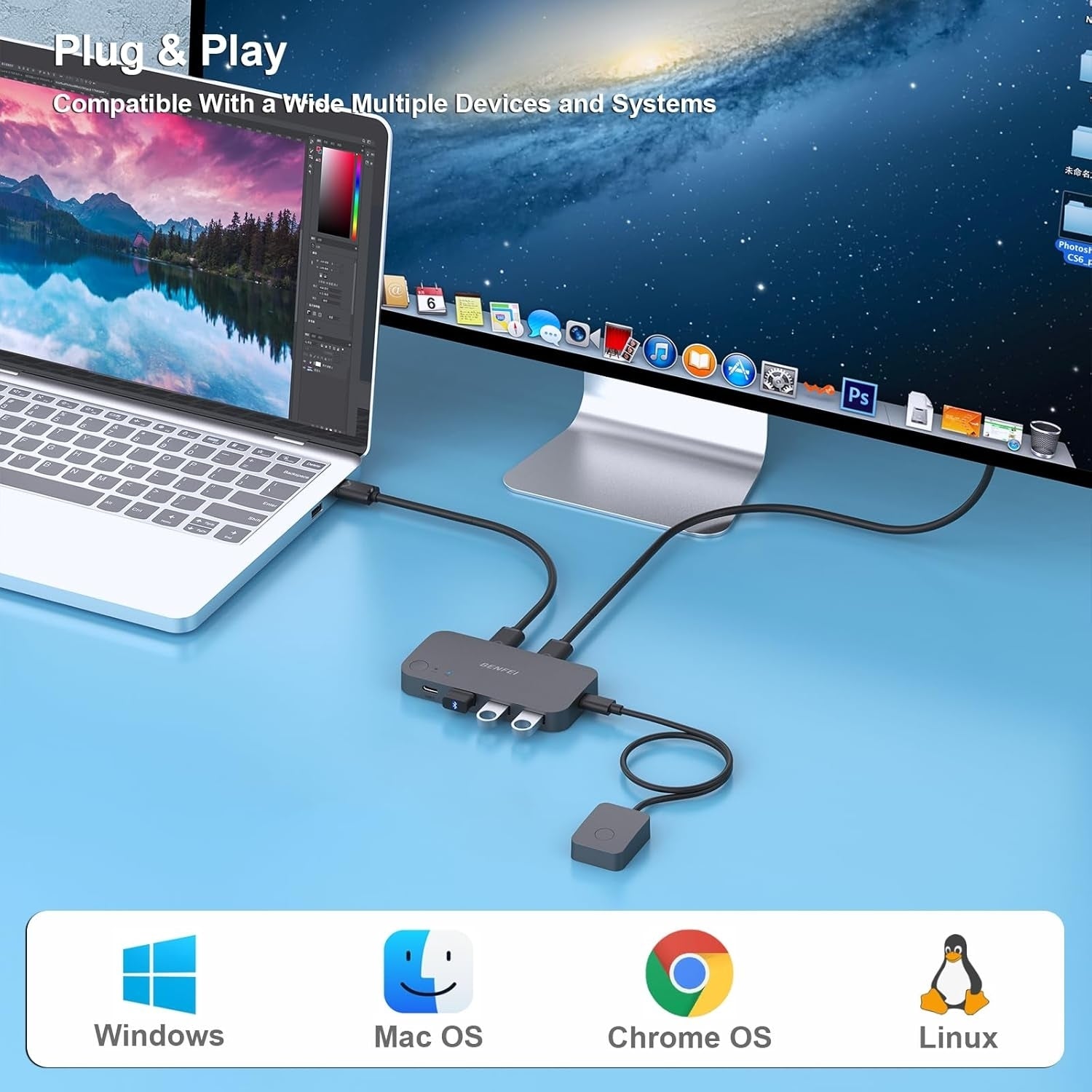 BENFEI 000376BK USB 3.0 Switch, USB Switcher 2 Computers Share 3xUSB 3.0 and 1xUSB C with Remote V28-ELEBEN376BK